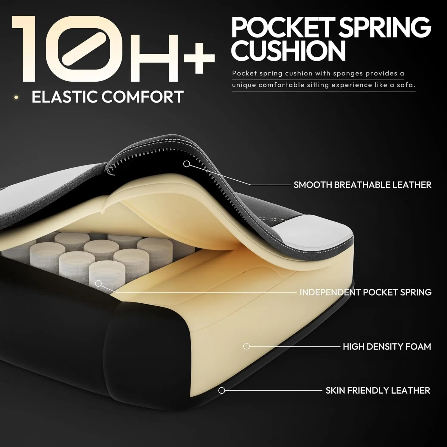 Dowinx Gaming Chair with Pocket Spring Cushion for Adults, Ergonomic Computer Chair with Footrest and Massage Lumbar Support, High Back Leather Game Chair for Office, Gaming, 300LBS, White