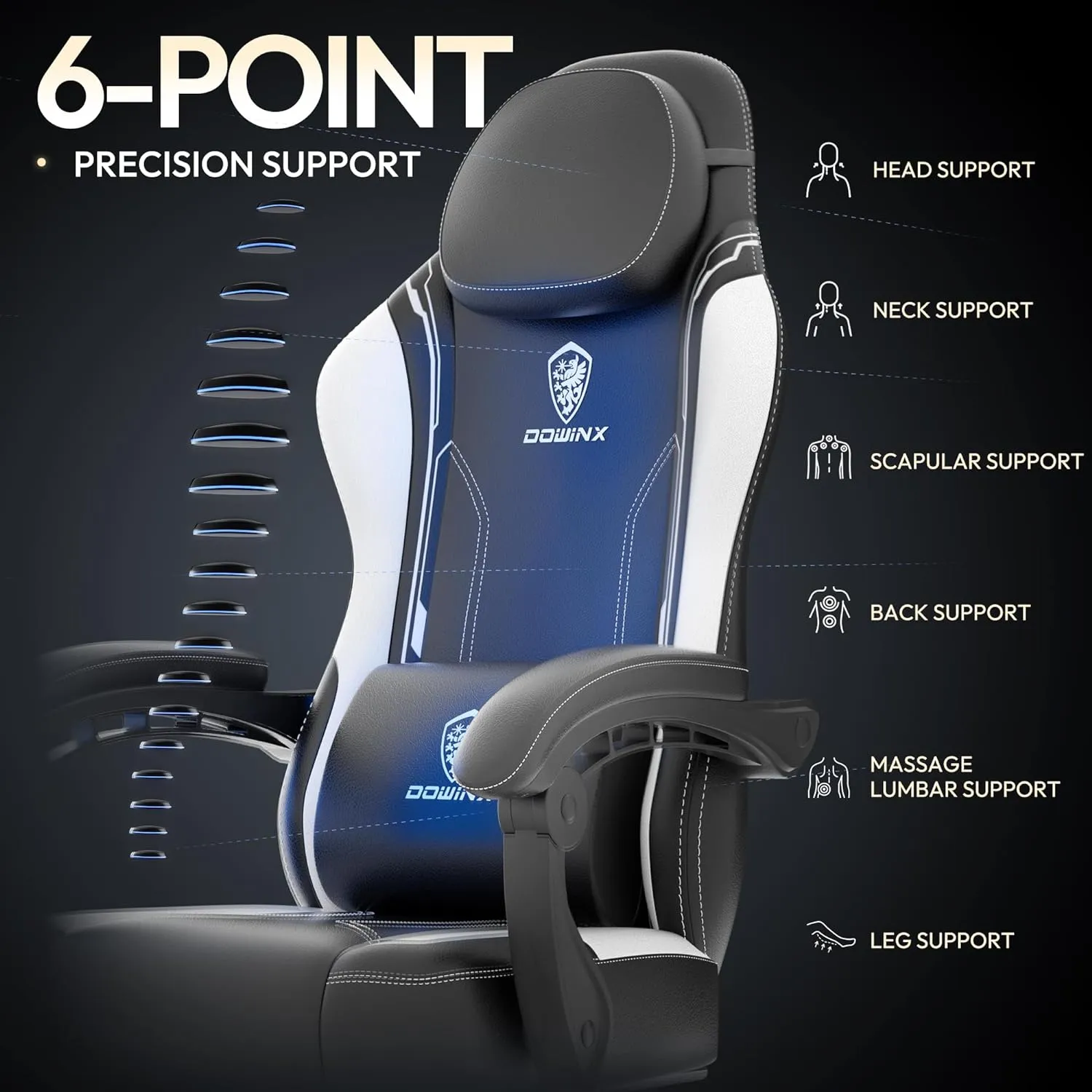 Dowinx Gaming Chair with Pocket Spring Cushion for Adults, Ergonomic Computer Chair with Footrest and Massage Lumbar Support, High Back Leather Game Chair for Office, Gaming, 300LBS, White