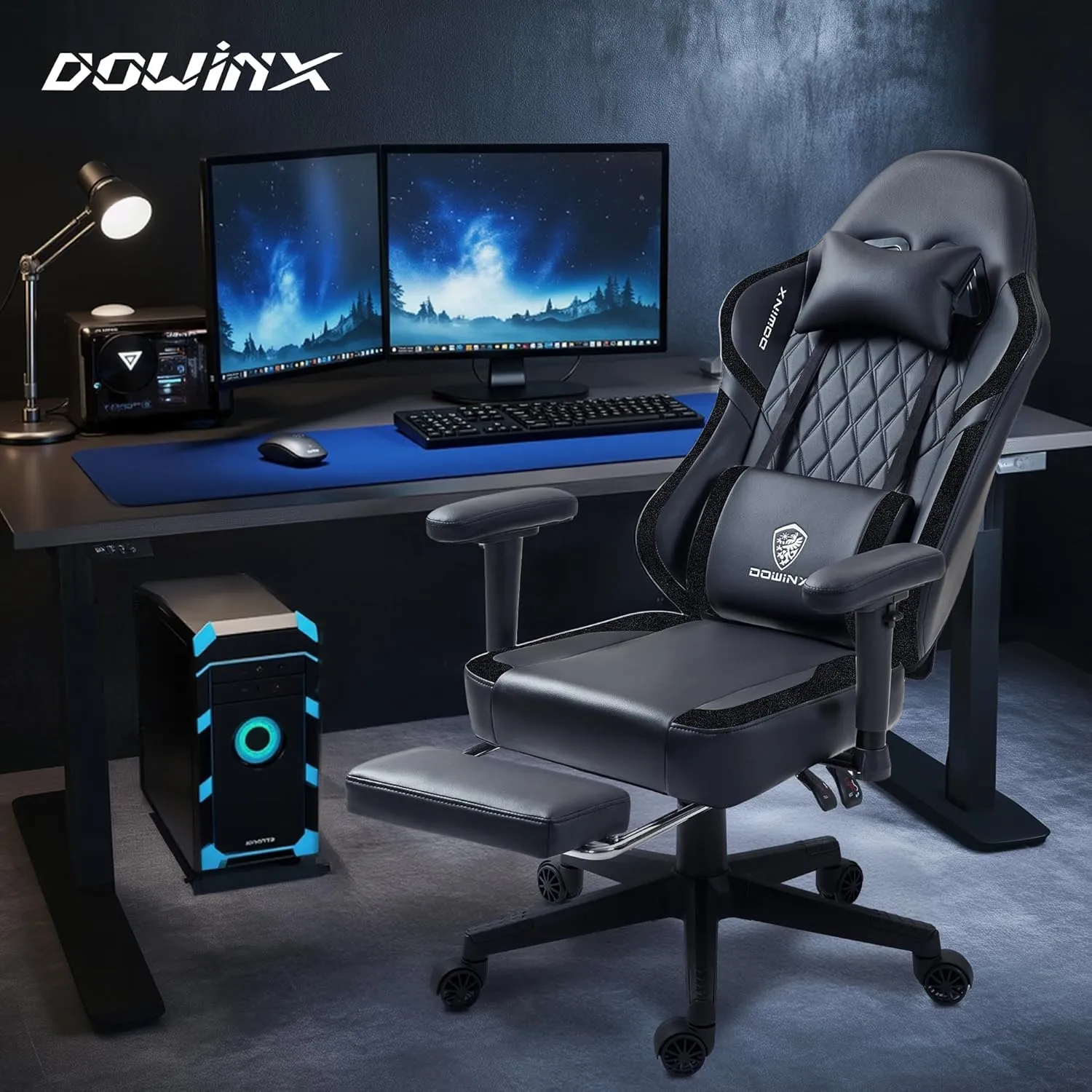 Dowinx Gaming Chair with Pocket Spring Cushion, Massage Gamer Chair Pu Leather with Lumbar Support, Ergonomic Computer Office with Footrest 300lbs for Adult, Black