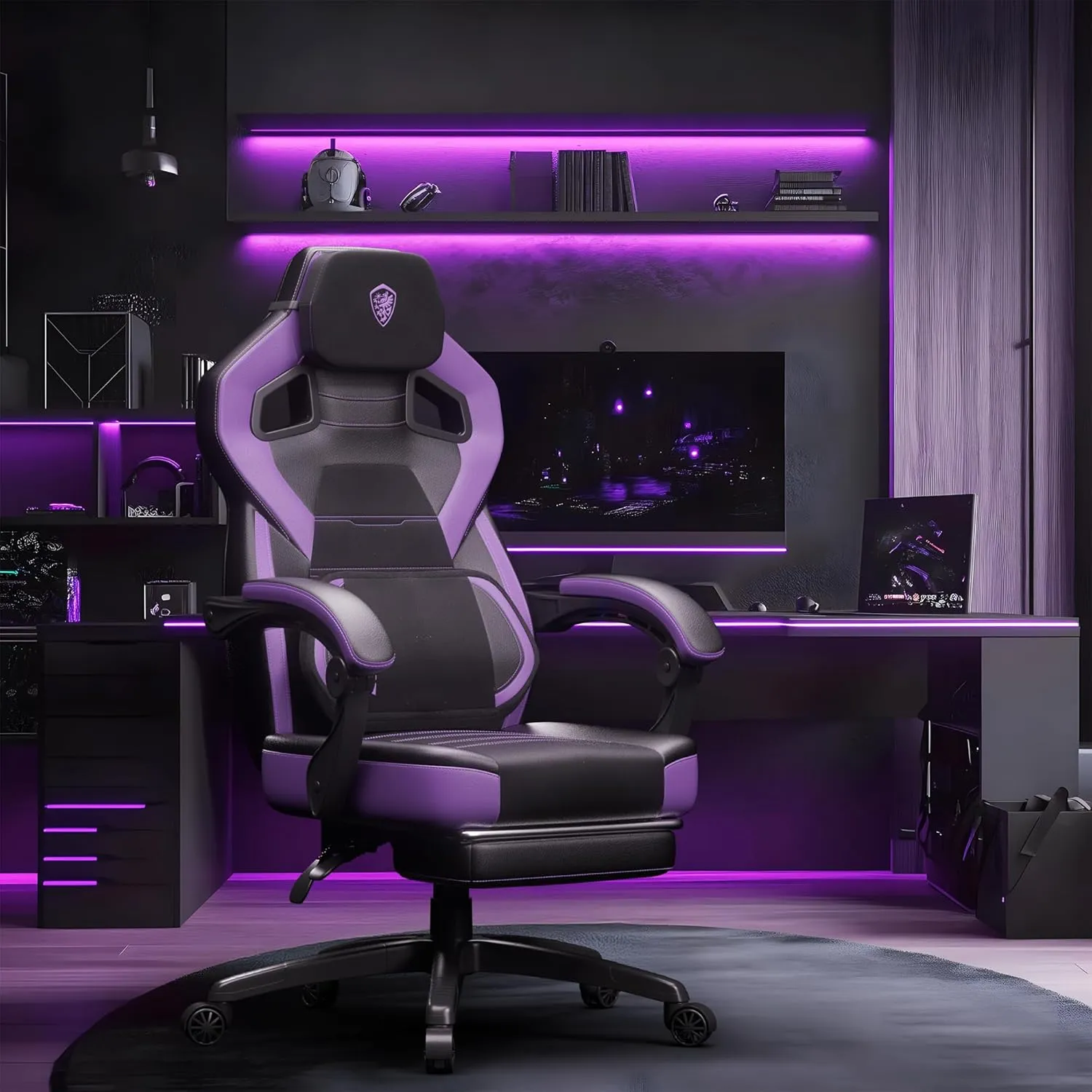 Dowinx PU Leather Gaming Chair with Footrest, Big and Tall Ergonomic Computer Chair with Lumbar Support, Wide Back Gamer Chair for Heavy People, Purple