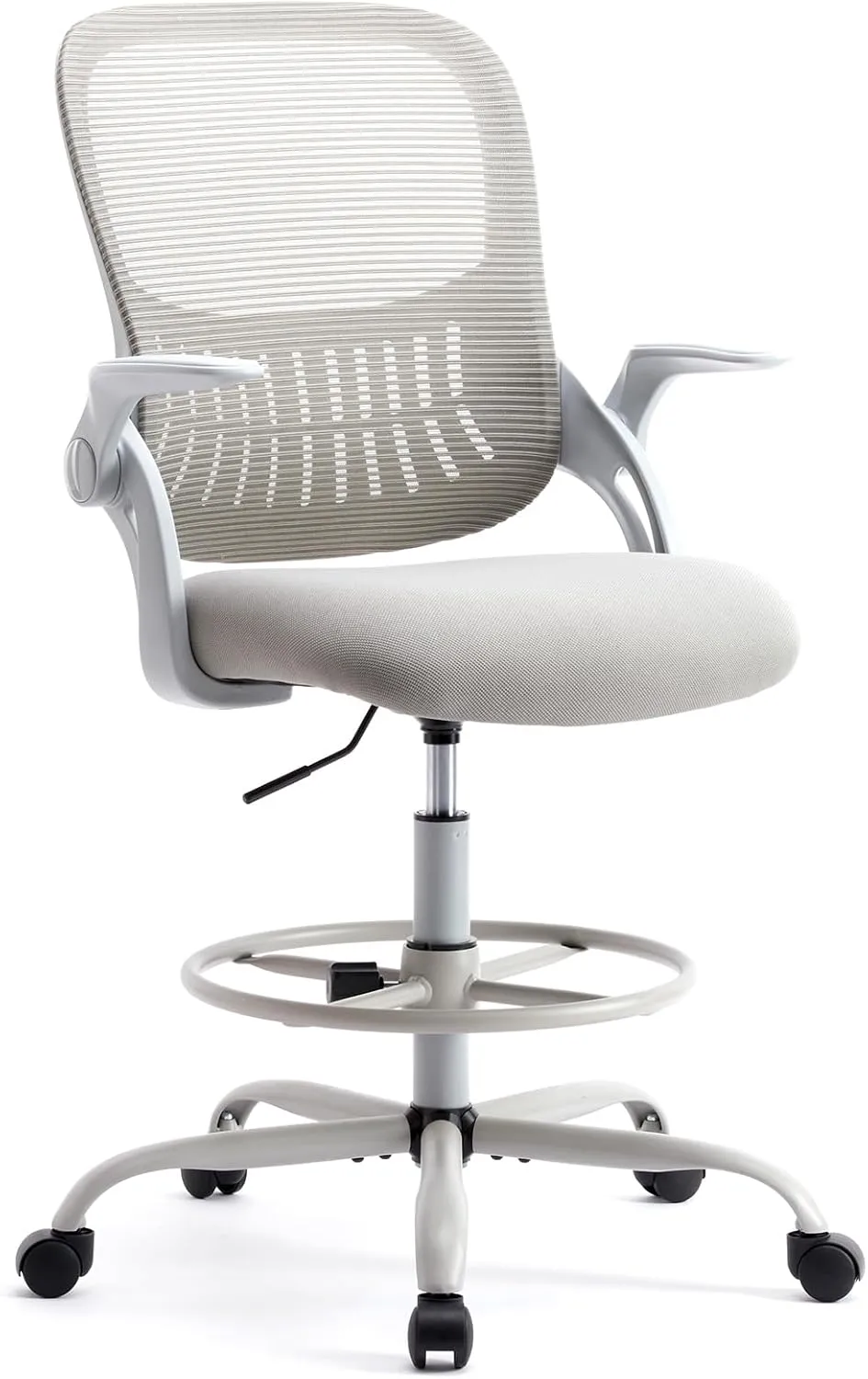 Drafting Chair for Standing Desk, Counter Height Adjustable, Flip-up Arms, Ergonomic Mid Back Mesh Rolling Work Swivel Office Computer Chairs with Wheels, Grey