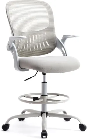 Drafting Chair for Standing Desk, Counter Height Adjustable, Flip-up Arms, Ergonomic Mid Back Mesh Rolling Work Swivel Office Computer Chairs with Wheels, Grey