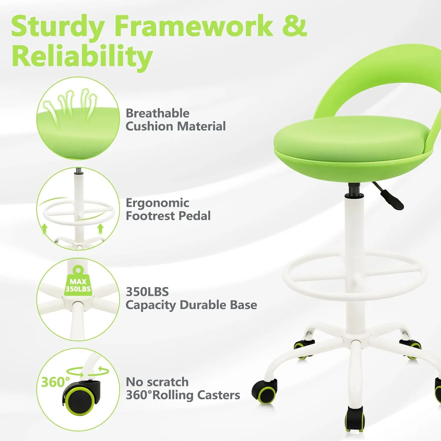 Drafting Chair Rolling Stool Esthetician Chairs with Footrest Backrest Ergonomic Stools Swivel Adjustable Height for Salon Tattoo Spa Medical Dentist Clinic (Green,2pack)