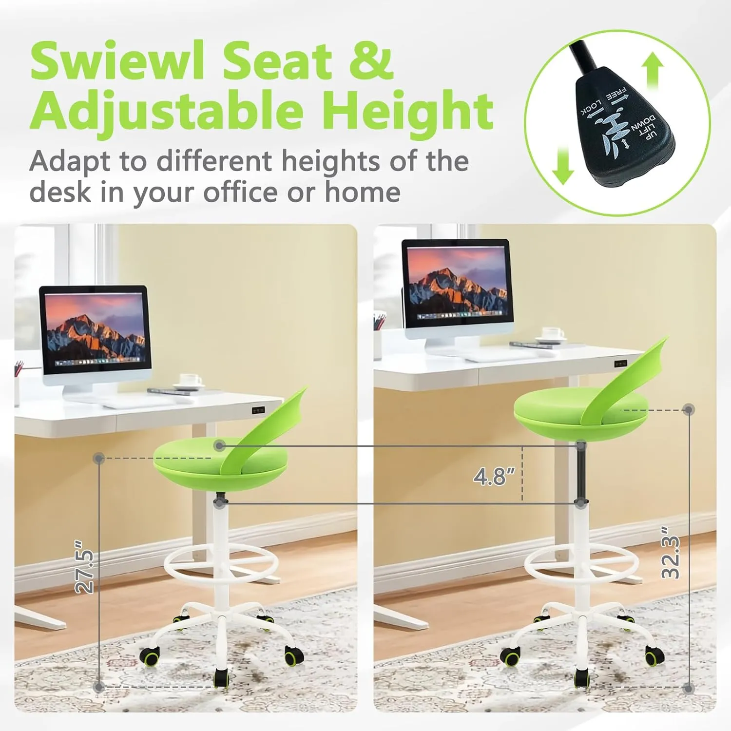 Drafting Chair Rolling Stool Esthetician Chairs with Footrest Backrest Ergonomic Stools Swivel Adjustable Height for Salon Tattoo Spa Medical Dentist Clinic (Green,2pack)