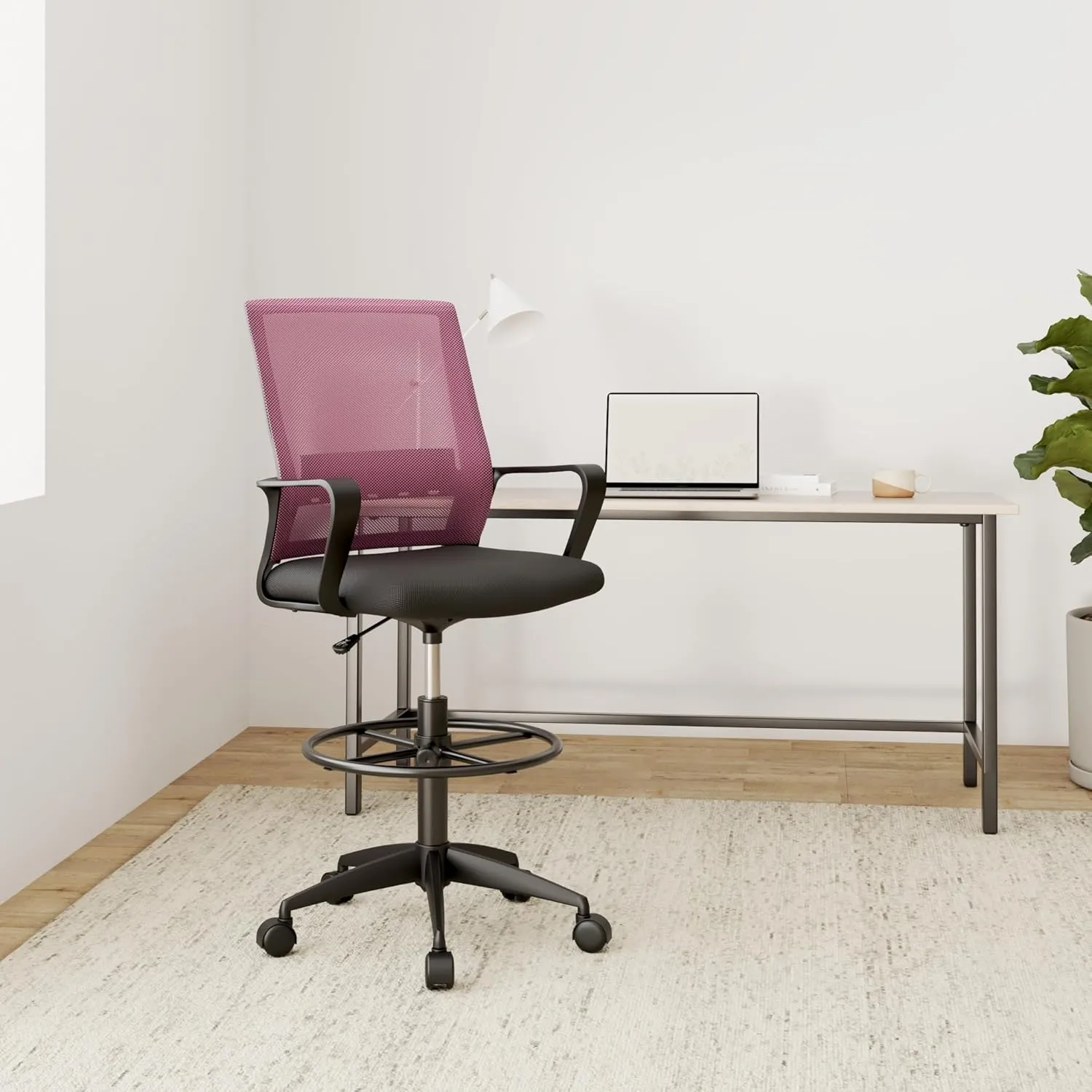 Drafting Chair Tall Office Chair Adjustable Swivel Rolling Mesh Height with Lumbar Support Arms Footrest Mid Back for Adults Standing Desk Drafting Stool (Pink)