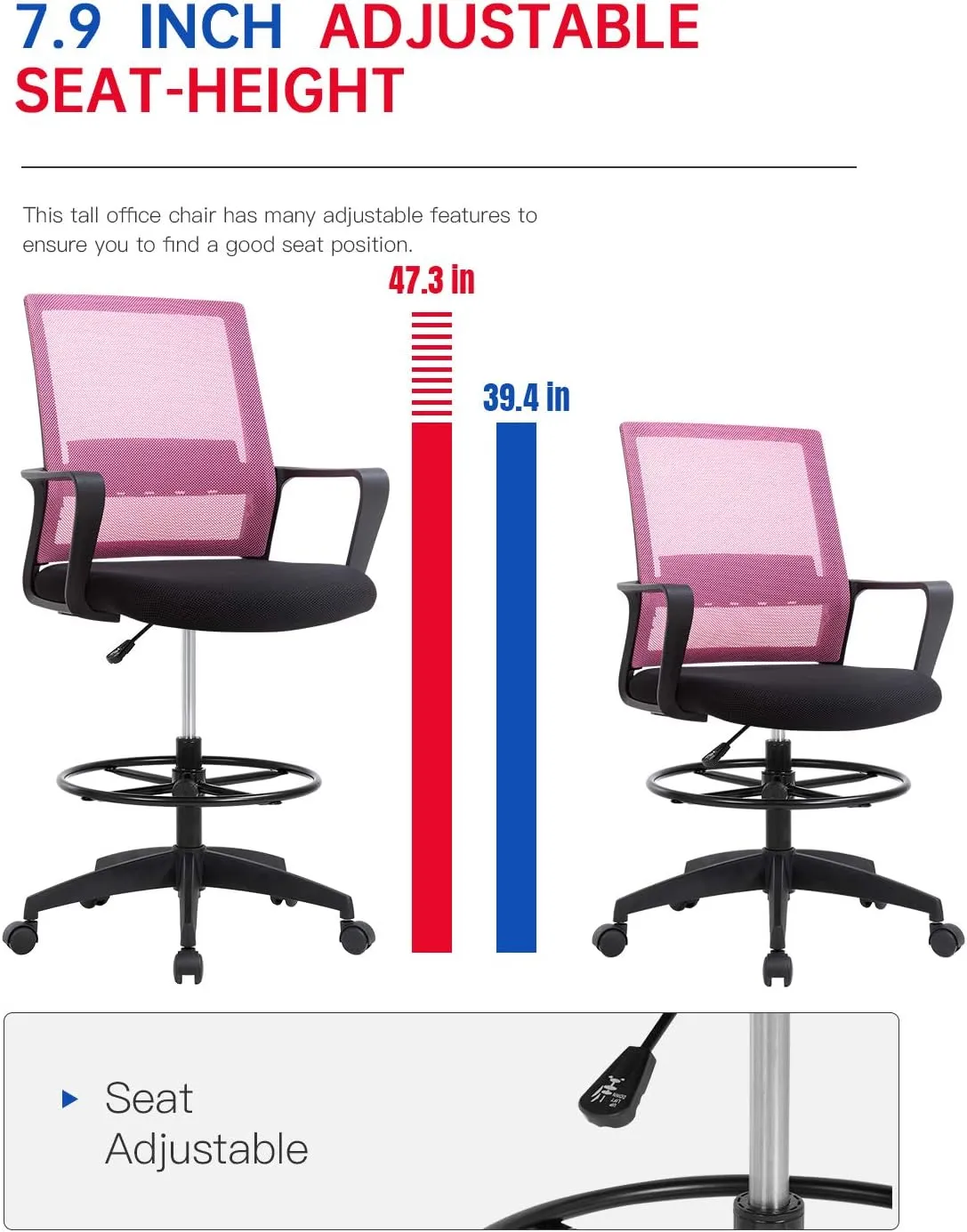 Drafting Chair Tall Office Chair Adjustable Swivel Rolling Mesh Height with Lumbar Support Arms Footrest Mid Back for Adults Standing Desk Drafting Stool (Pink)