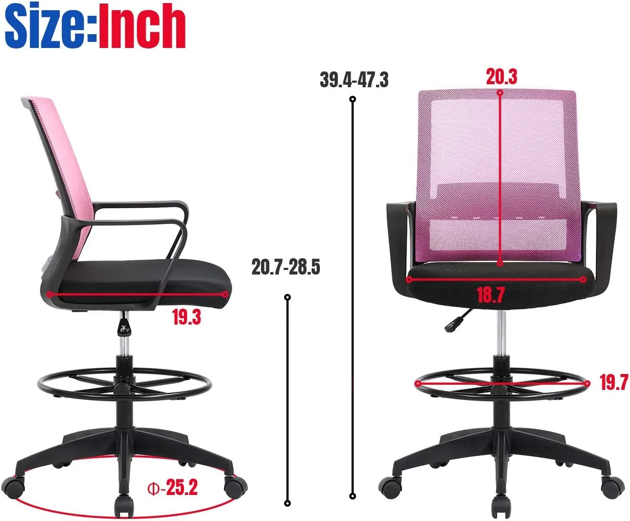 Drafting Chair Tall Office Chair Adjustable Swivel Rolling Mesh Height with Lumbar Support Arms Footrest Mid Back for Adults Standing Desk Drafting Stool (Pink)