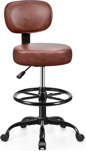 Drafting Chair with Backrest – Adjustable Foot Rest Rolling Stool with Wheels, PU Leather Swivel Stool for Office Spa Studio Lab Counter Salon Home Work Bar Kitchen Shop(Ember Brown)