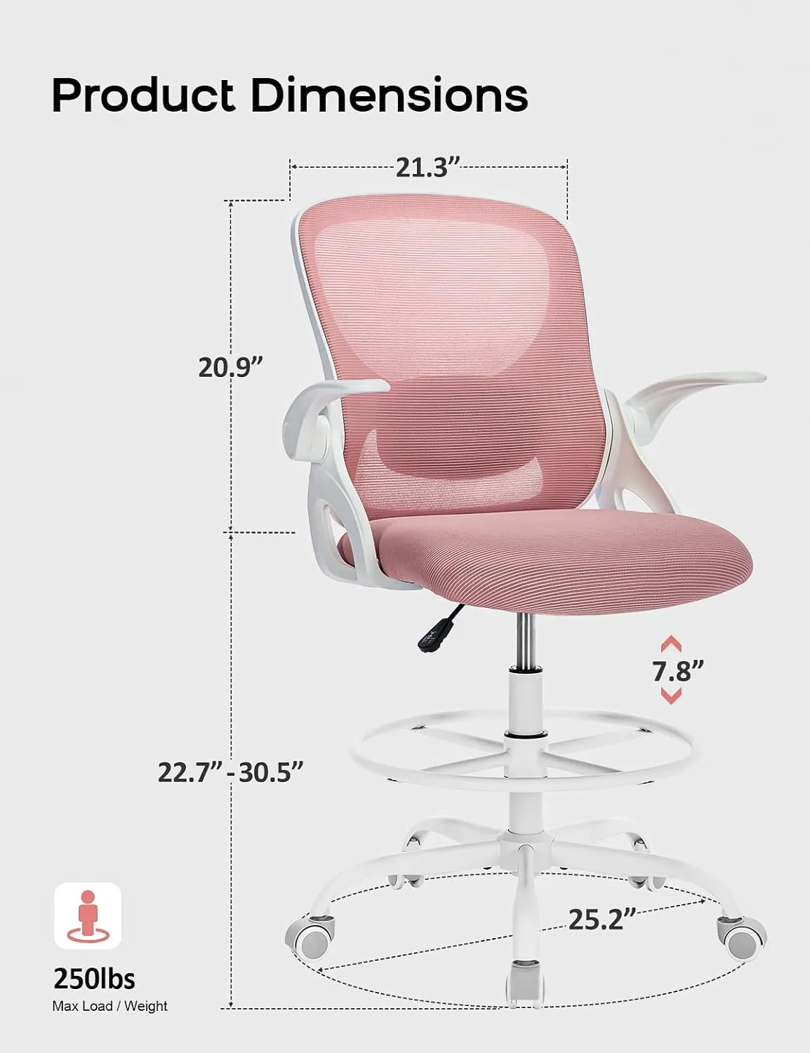 Drafting Chair,Tall and Standing Desk Chair with Flip-up Armrests, Ergonomic Comfy Lumbar Support and Adjustable Footrest Ring Office/Computer Chair (White-Pink)
