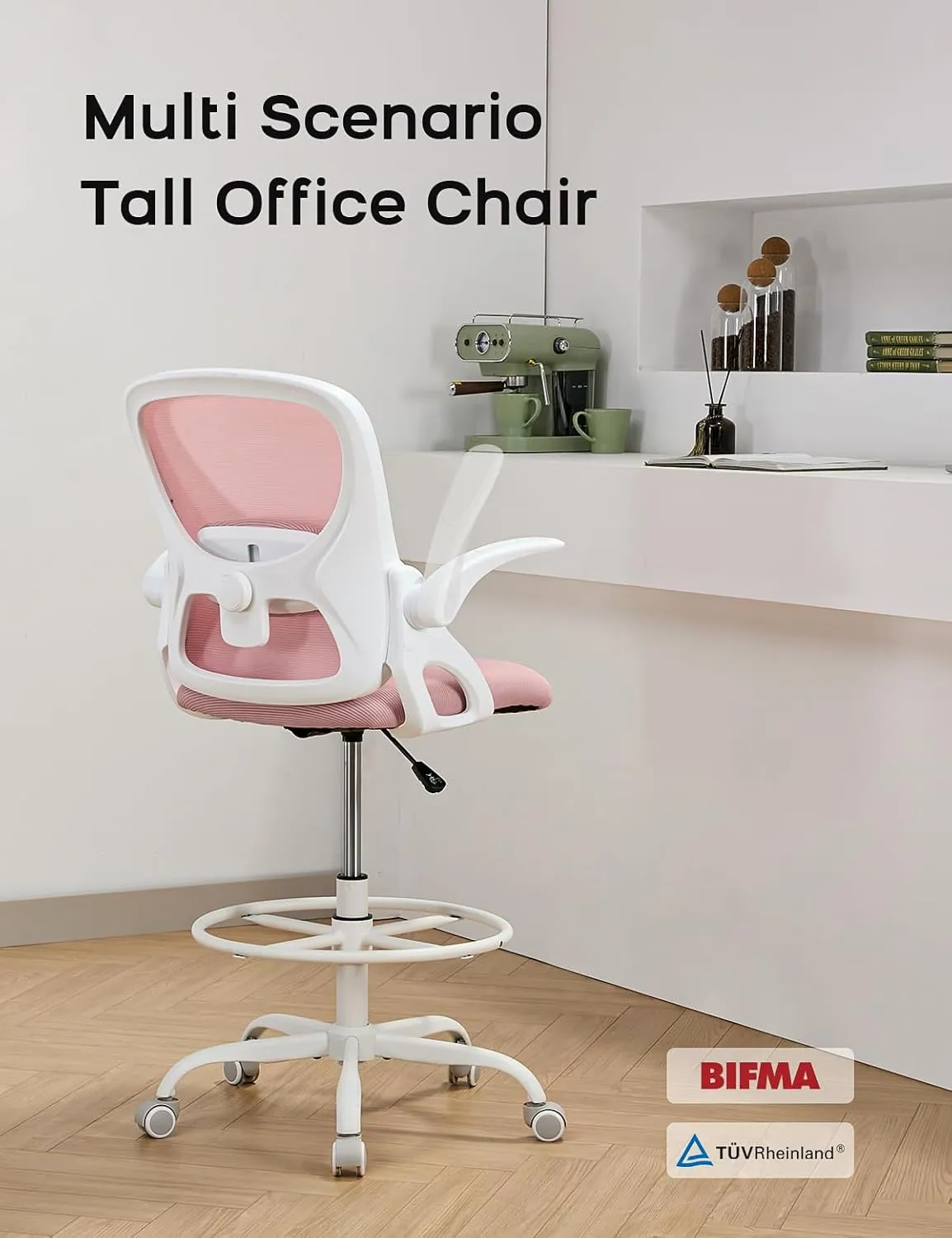 Drafting Chair,Tall and Standing Desk Chair with Flip-up Armrests, Ergonomic Comfy Lumbar Support and Adjustable Footrest Ring Office/Computer Chair (White-Pink)