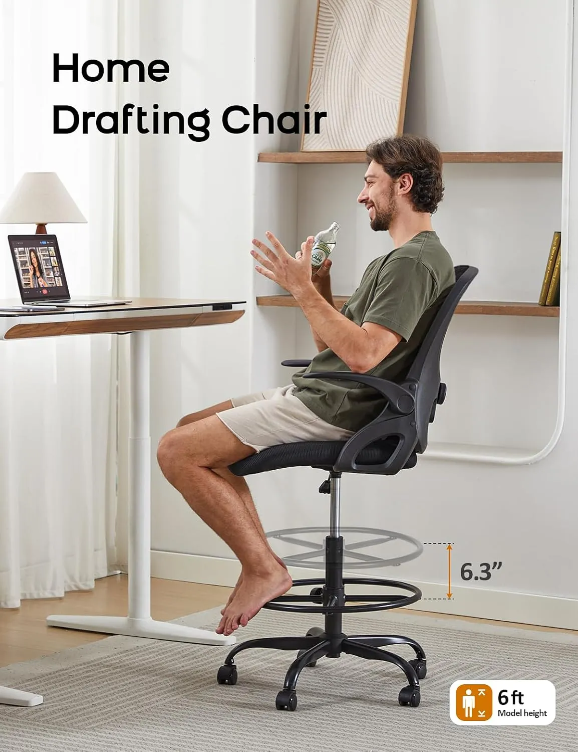 Drafting Chair,Tall and Standing Desk Chair with Flip-up Armrests, Ergonomic Comfy Lumbar Support and Adjustable Footrest Ring Office/Computer Chair (White-Pink)