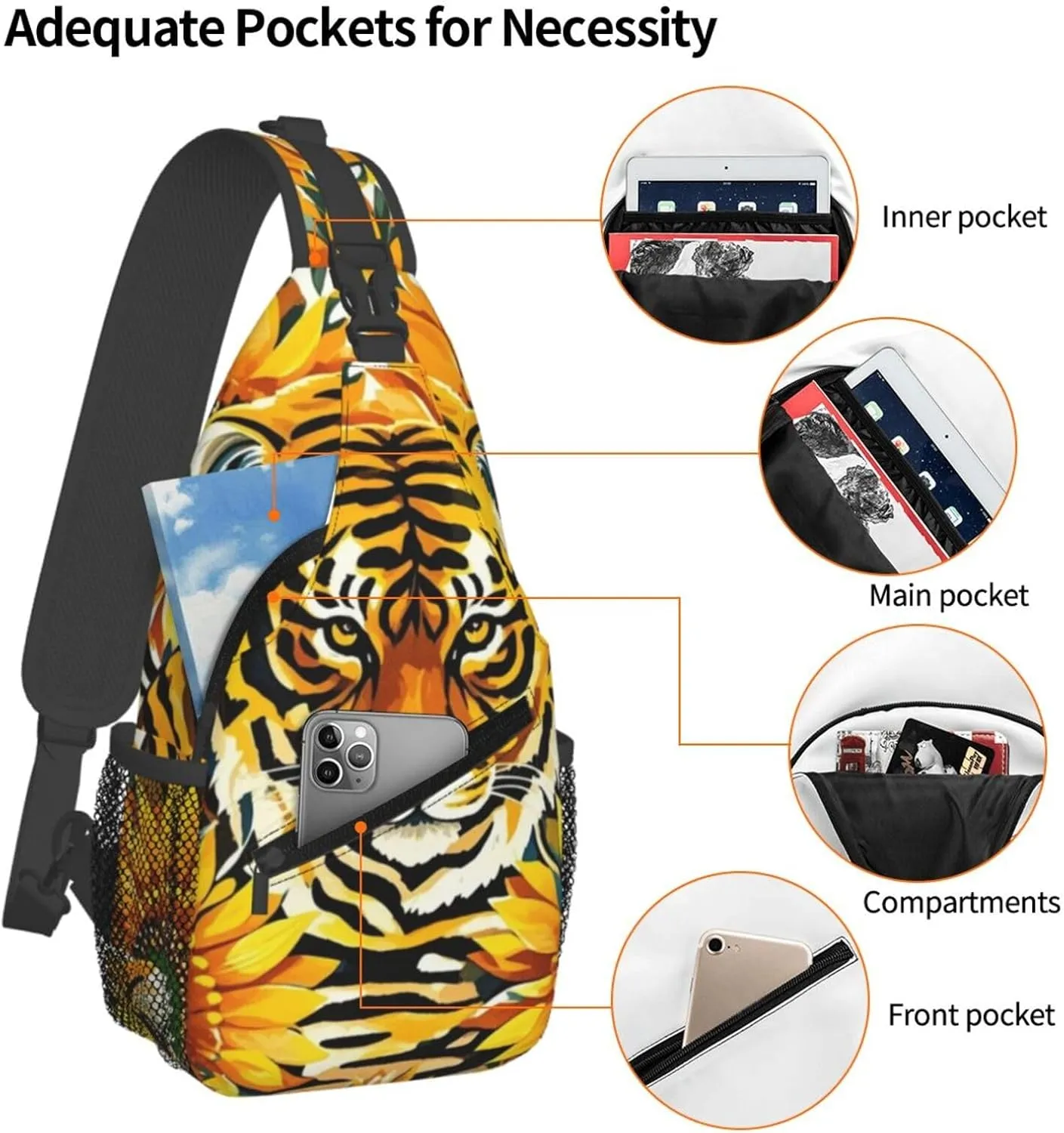 Dreamy Tiger Sunflower Crossbody Bags Cross Chest Bag Adjustable Sling Backpack for Women Men