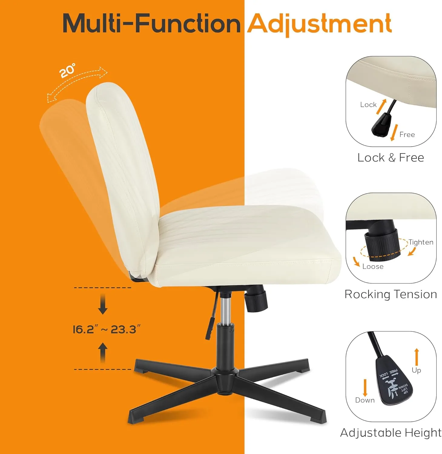 DUMOS Criss Cross Chair Legged Office Wide Comfy Desk Seat, No Wheels Armless Computer Task Seating, Swivel Vanity Home Height Adjustable