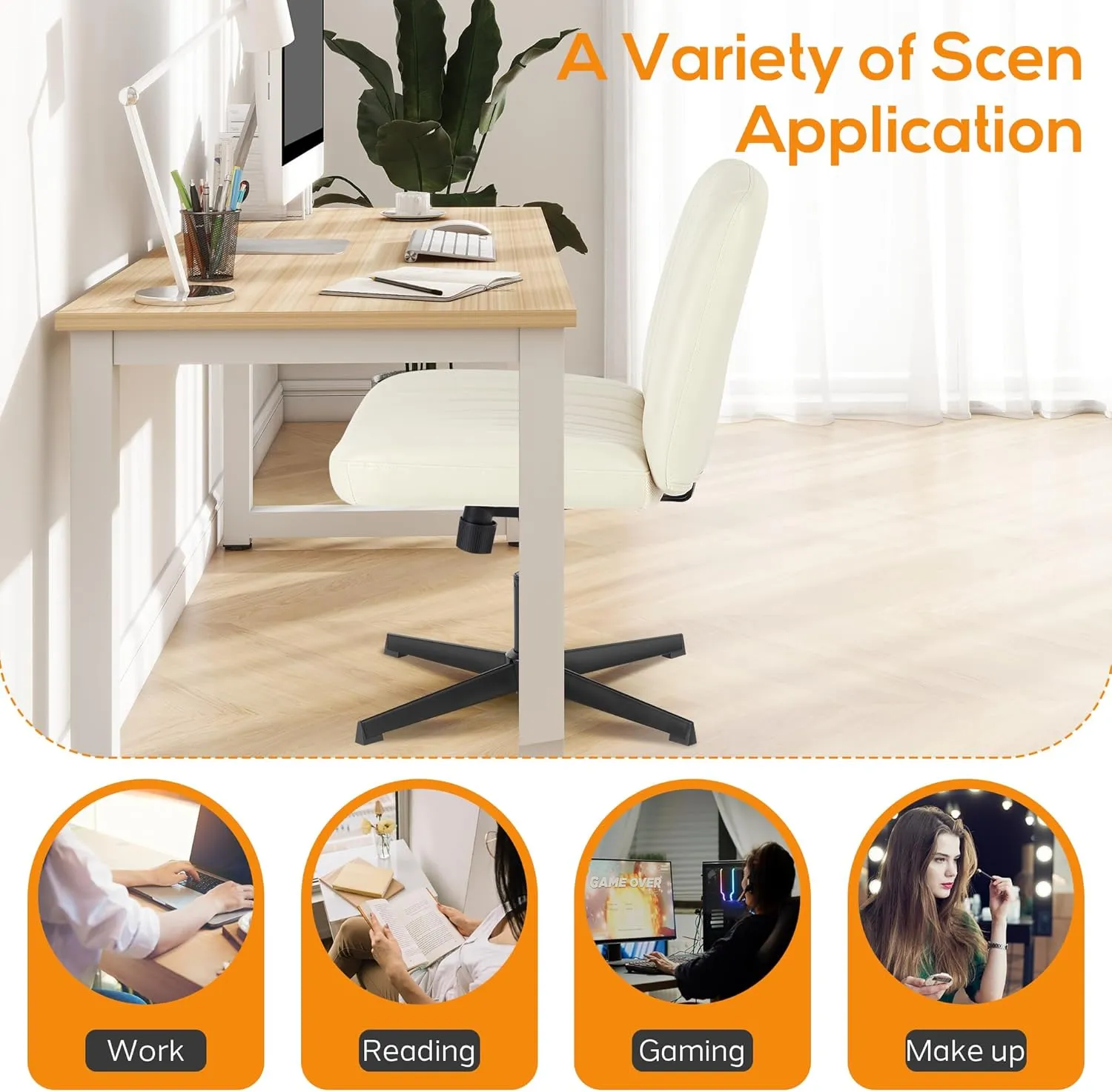 DUMOS Criss Cross Chair Legged Office Wide Comfy Desk Seat, No Wheels Armless Computer Task Seating, Swivel Vanity Home Height Adjustable