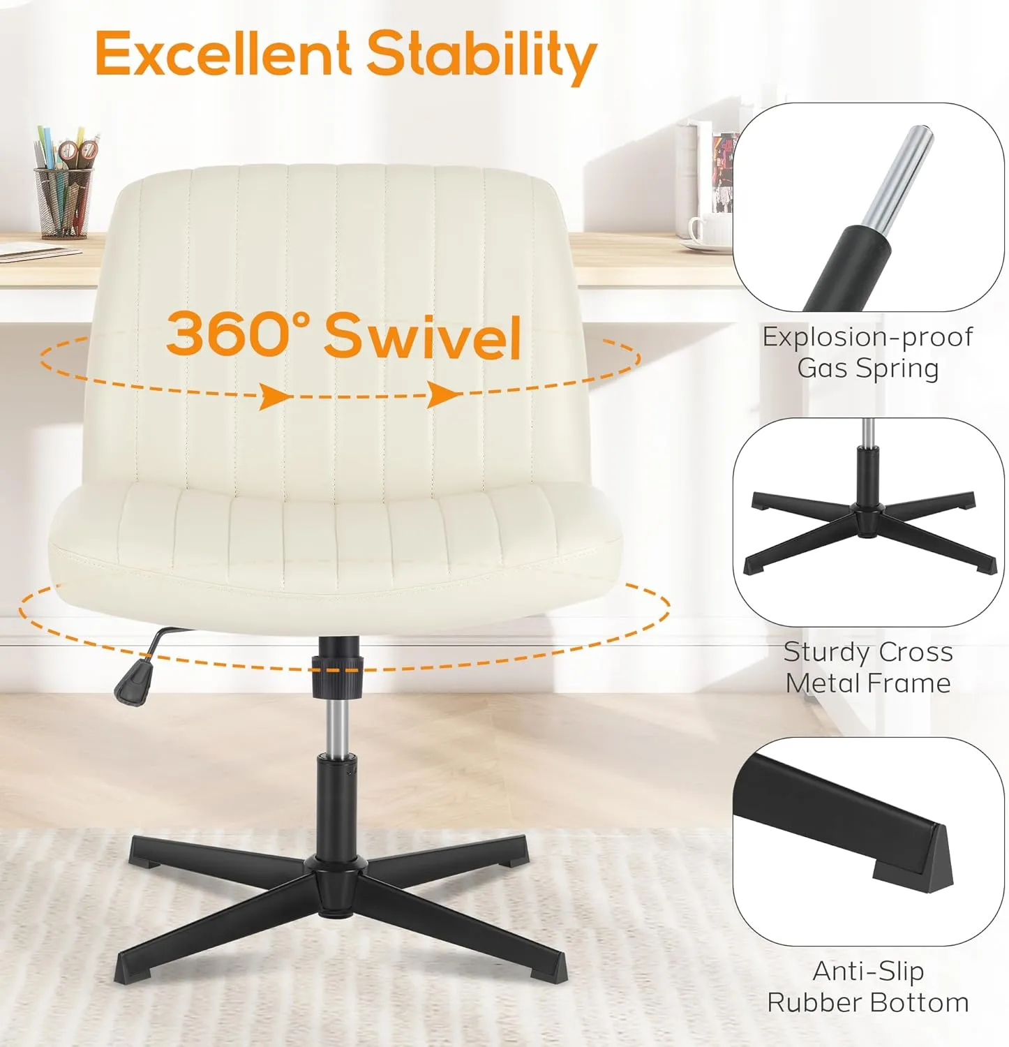 DUMOS Criss Cross Chair Legged Office Wide Comfy Desk Seat, No Wheels Armless Computer Task Seating, Swivel Vanity Home Height Adjustable