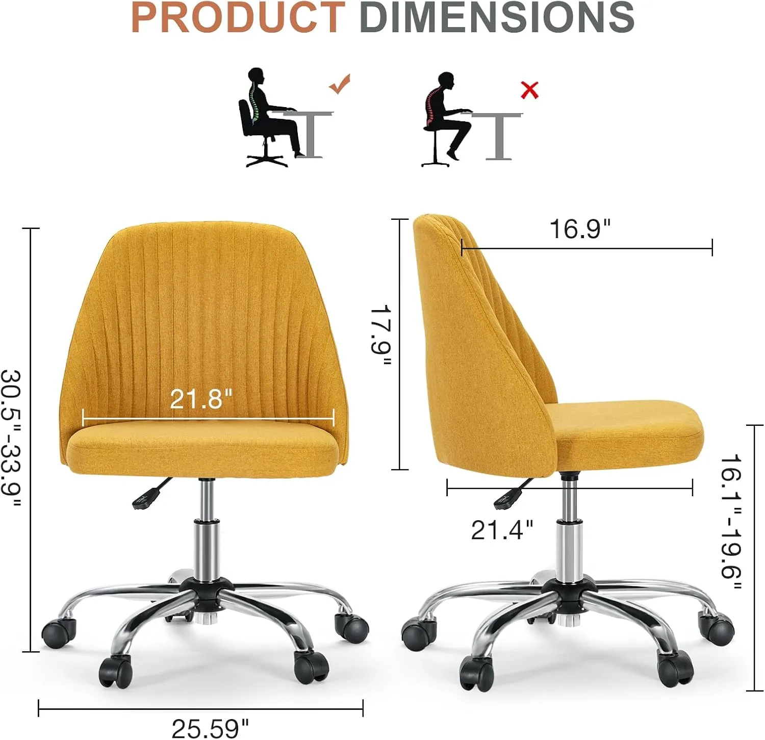 DUMOS Office Desk Chair, Modern Cute Rolling Vanity Swivel Task Chairs with Wheels, Comfortable Back Seat Armless for Home, Bedrooms, Office, Study, Student, Adults, Make-up, Dressing Room, Yellow