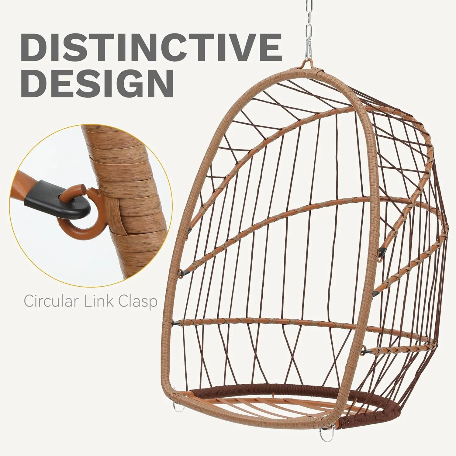 DWVO Egg Chair Without Stand, Basket Chair Hanging Outdoor Rattan Wicker Patio Hammock Indoor Egg Chair with Cushion, Hanging Swing Chair 350lbs for Porch, Garden, Bedroom, Balcony, Beige