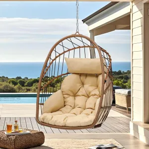 DWVO Egg Chair Without Stand, Basket Chair Hanging Outdoor Rattan Wicker Patio Hammock Indoor Egg Chair with Cushion, Hanging Swing Chair 350lbs for Porch, Garden, Bedroom, Balcony, Beige