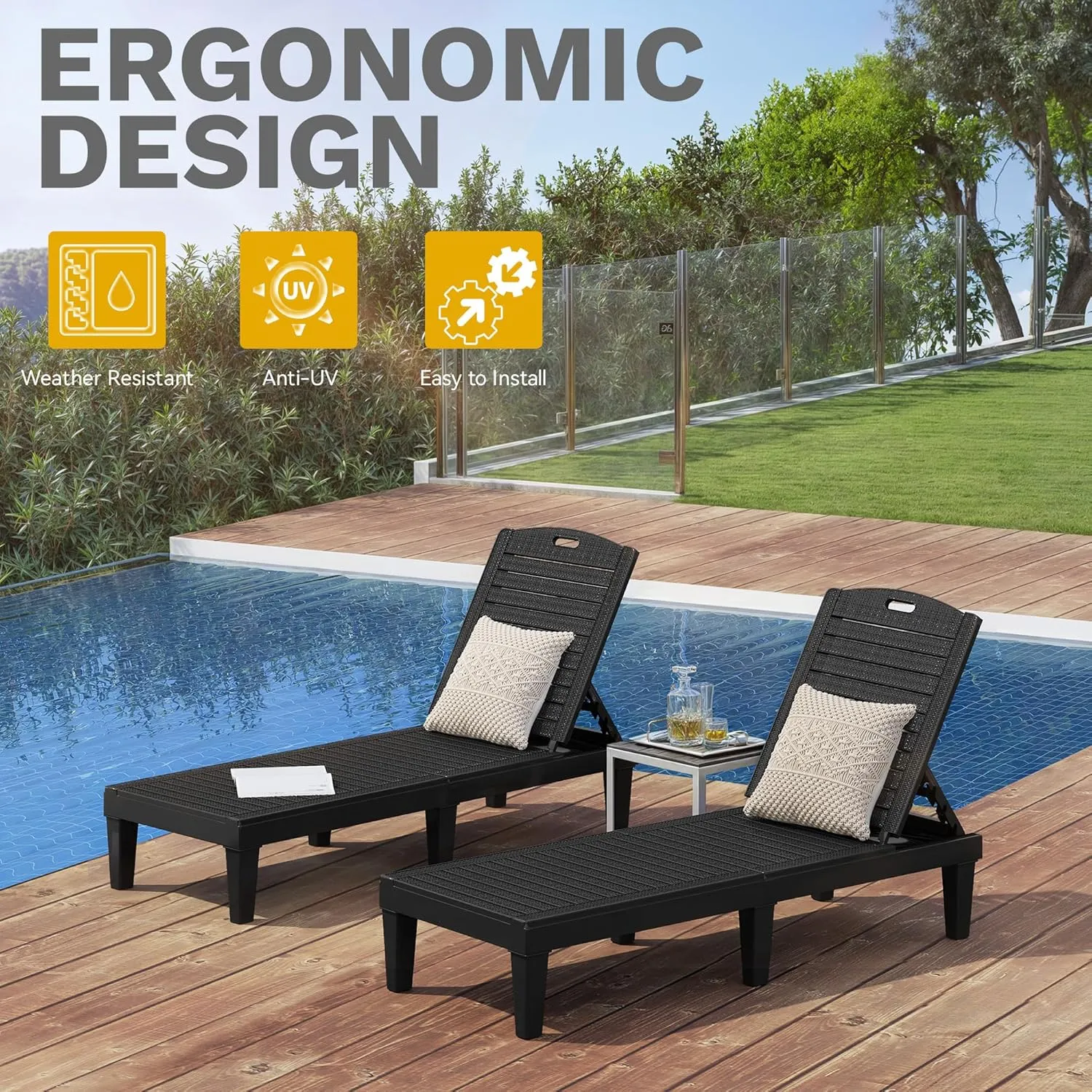DWVO Outdoor Plastic Chaise Lounger, Poolside Lounge Chair w/5-Position Adjustable Backrest, Waterproof & Easy Setup for Patio, Poolside, Garden (Black, 4 PCS)