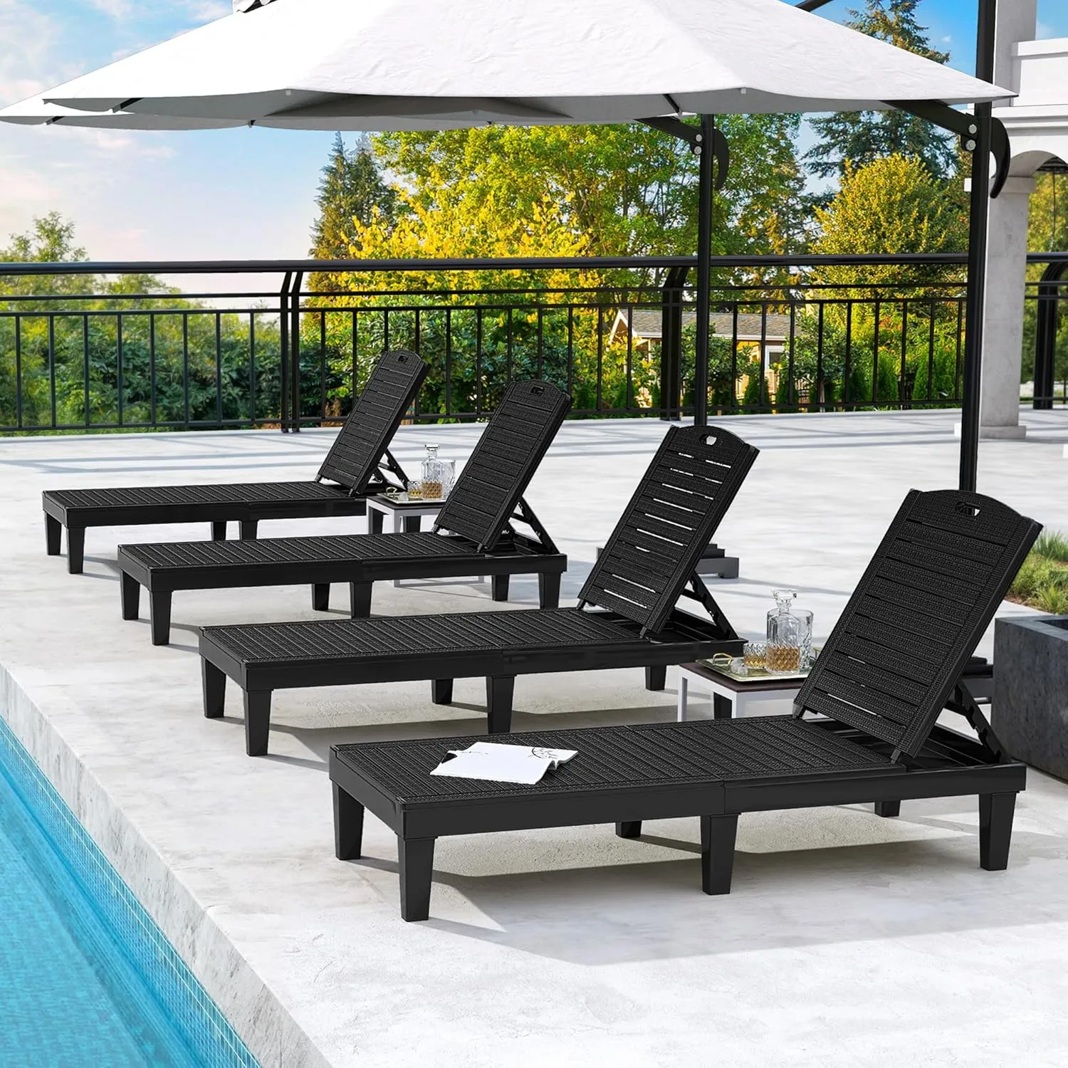 DWVO Outdoor Plastic Chaise Lounger, Poolside Lounge Chair w/5-Position Adjustable Backrest, Waterproof & Easy Setup for Patio, Poolside, Garden (Black, 4 PCS)