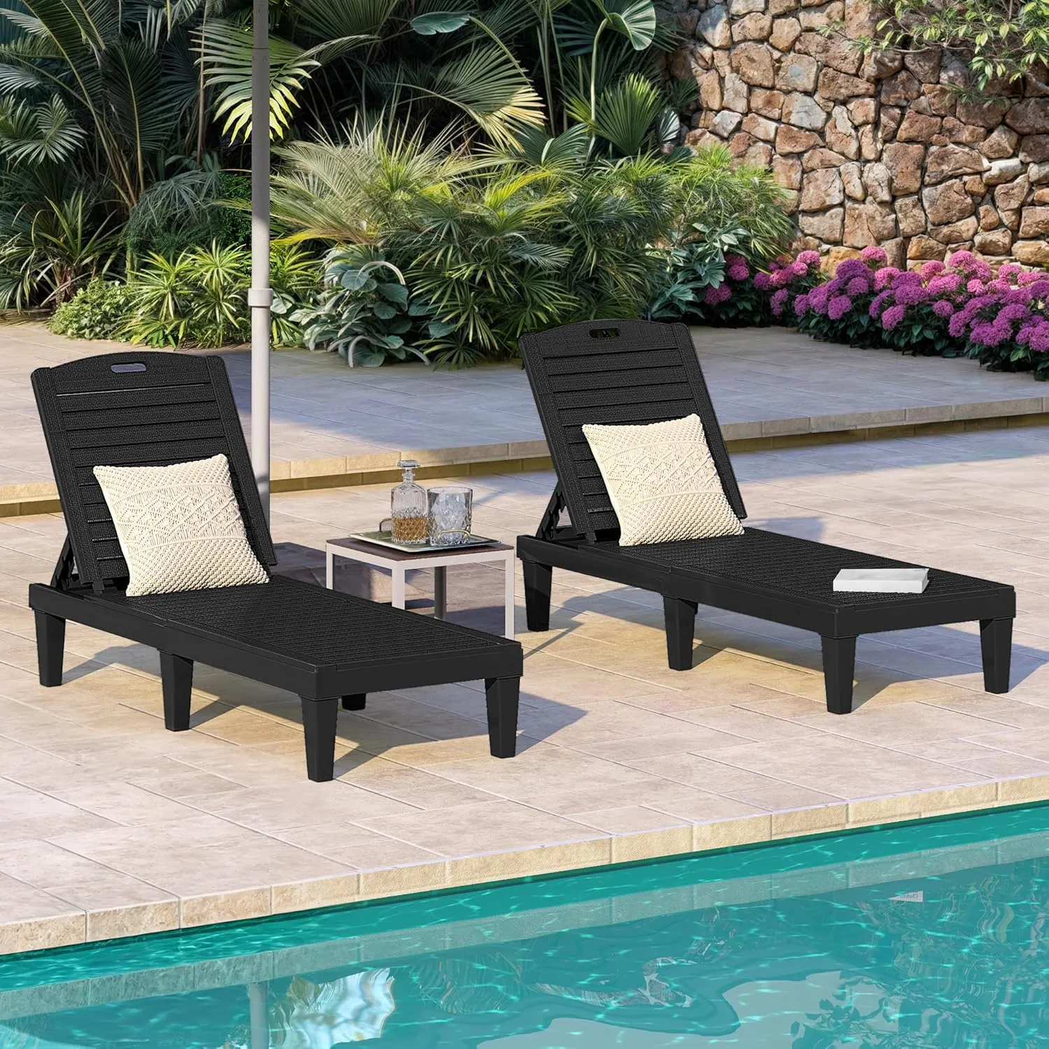 DWVO Outdoor Plastic Chaise Lounger, Poolside Lounge Chair w/5-Position Adjustable Backrest, Waterproof & Easy Setup for Patio, Poolside, Garden (Black, 4 PCS)
