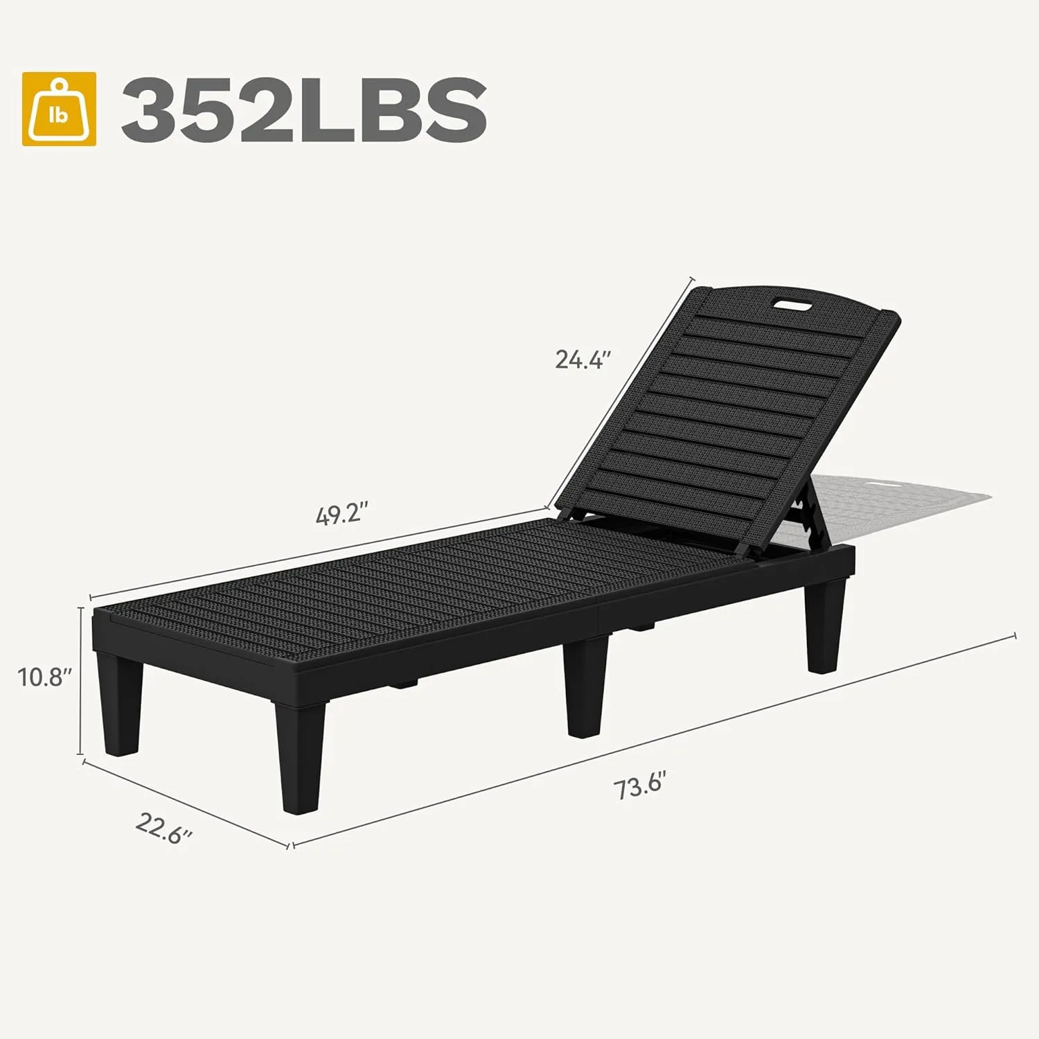 DWVO Outdoor Plastic Chaise Lounger, Poolside Lounge Chair w/5-Position Adjustable Backrest, Waterproof & Easy Setup for Patio, Poolside, Garden (Black, 4 PCS)