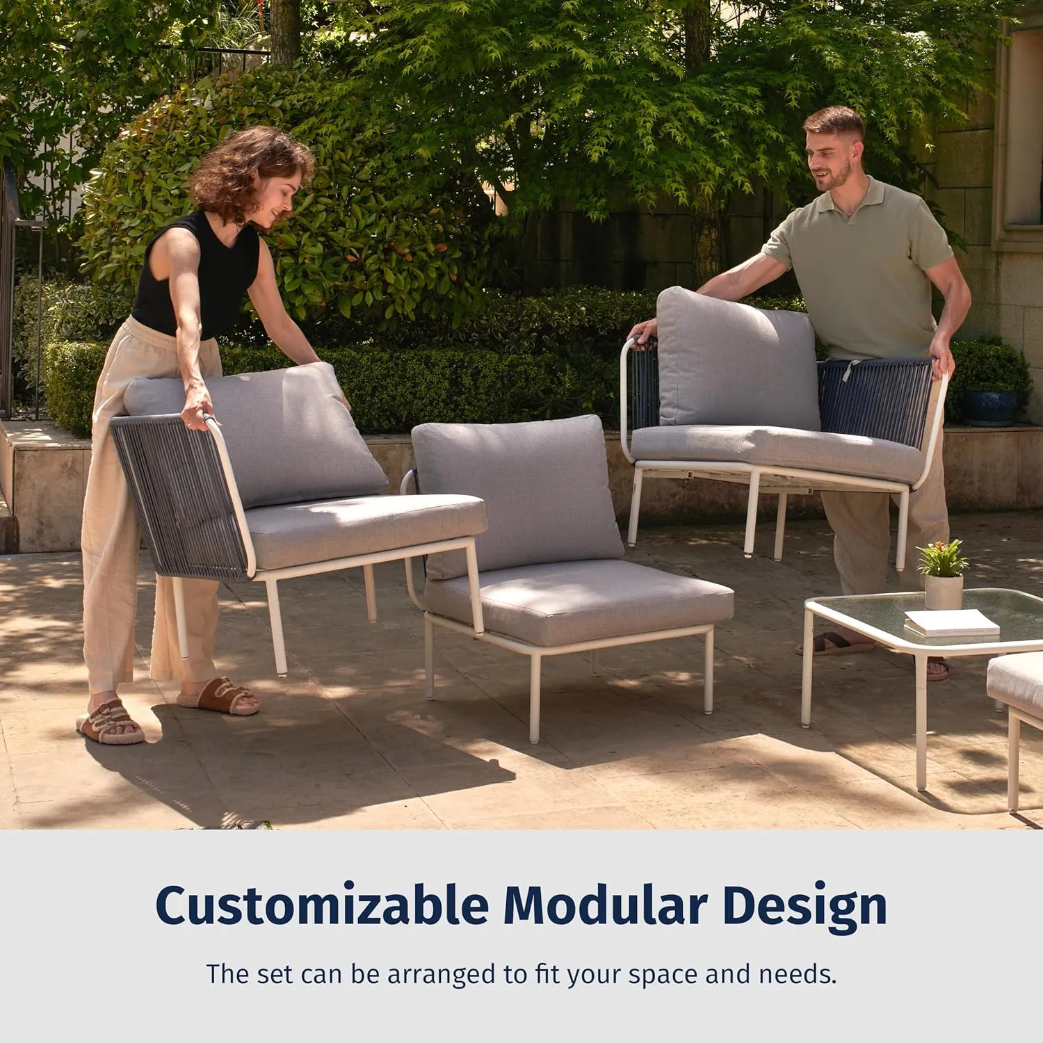 EAST OAK 5-Piece Montauk Modular Patio Furniture Set, Outdoor Sectional Sofa with Cushion and Glass Coffee Table, Modern Patio Conversation Set for Garden, Backyard and Porch, Grey