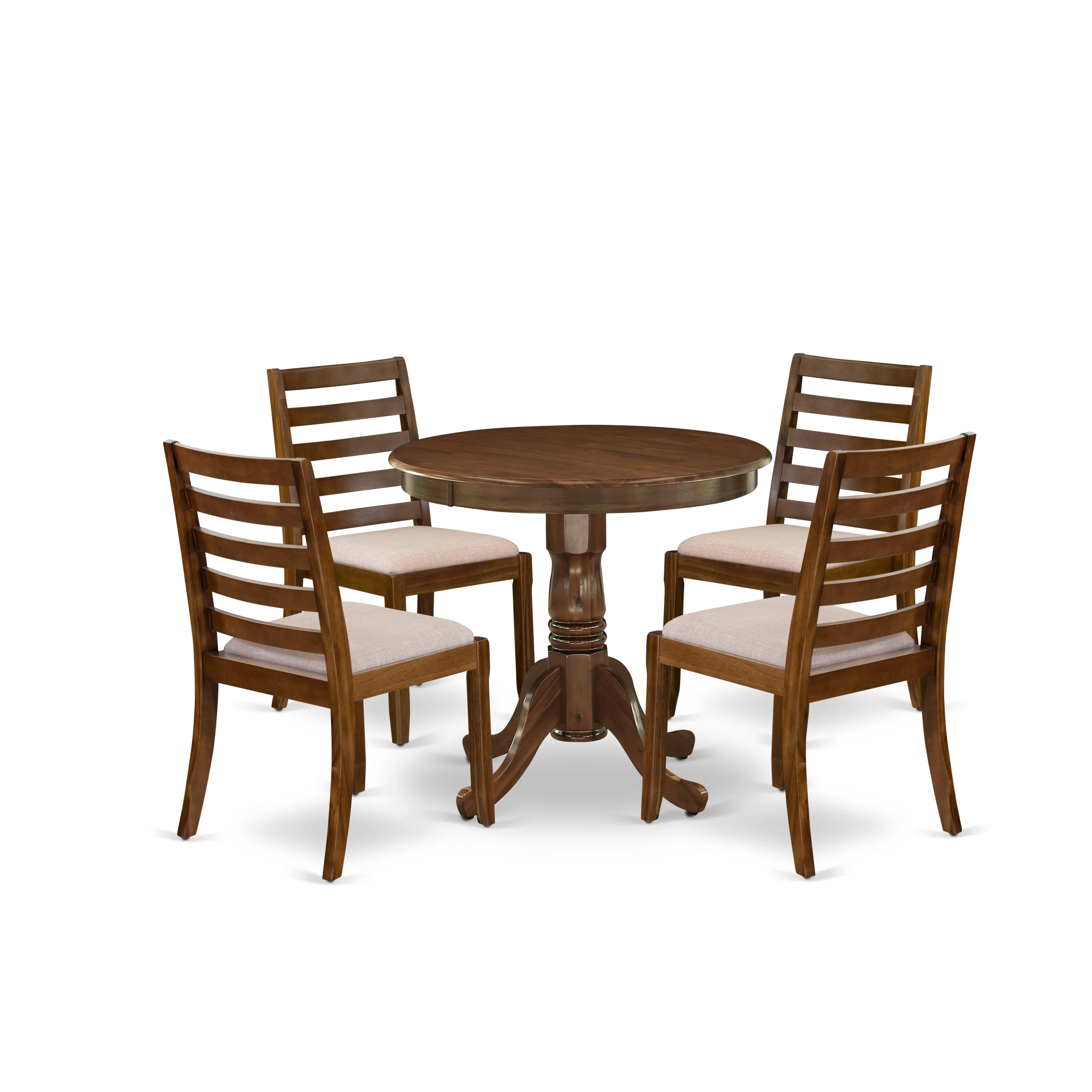 East West Furniture ANX15-AWA-04 -5 Piece Dining Set Includes a Round Kitchen Table with Antique Walnut Tabletop and 4 Stackable Linen Fabric Chairs, Antique Walnut