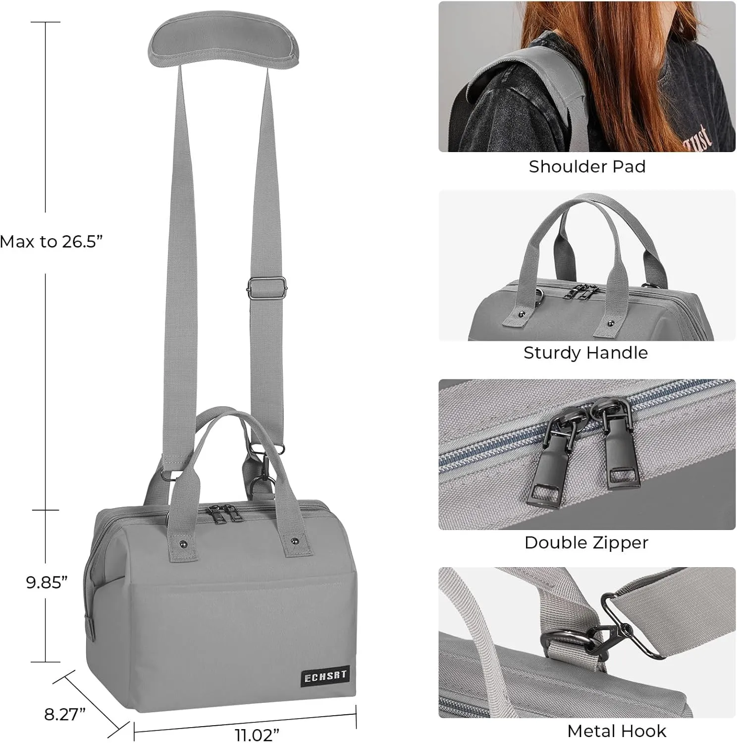 ECHSRT Insulated Lunch Bag Women/Men, 10L Reusable Lunch Tote Bag with Adjustable Shoulder Strap, Leakproof Cooler for Work Office - Wide Open Lunchbox Yellow Grey