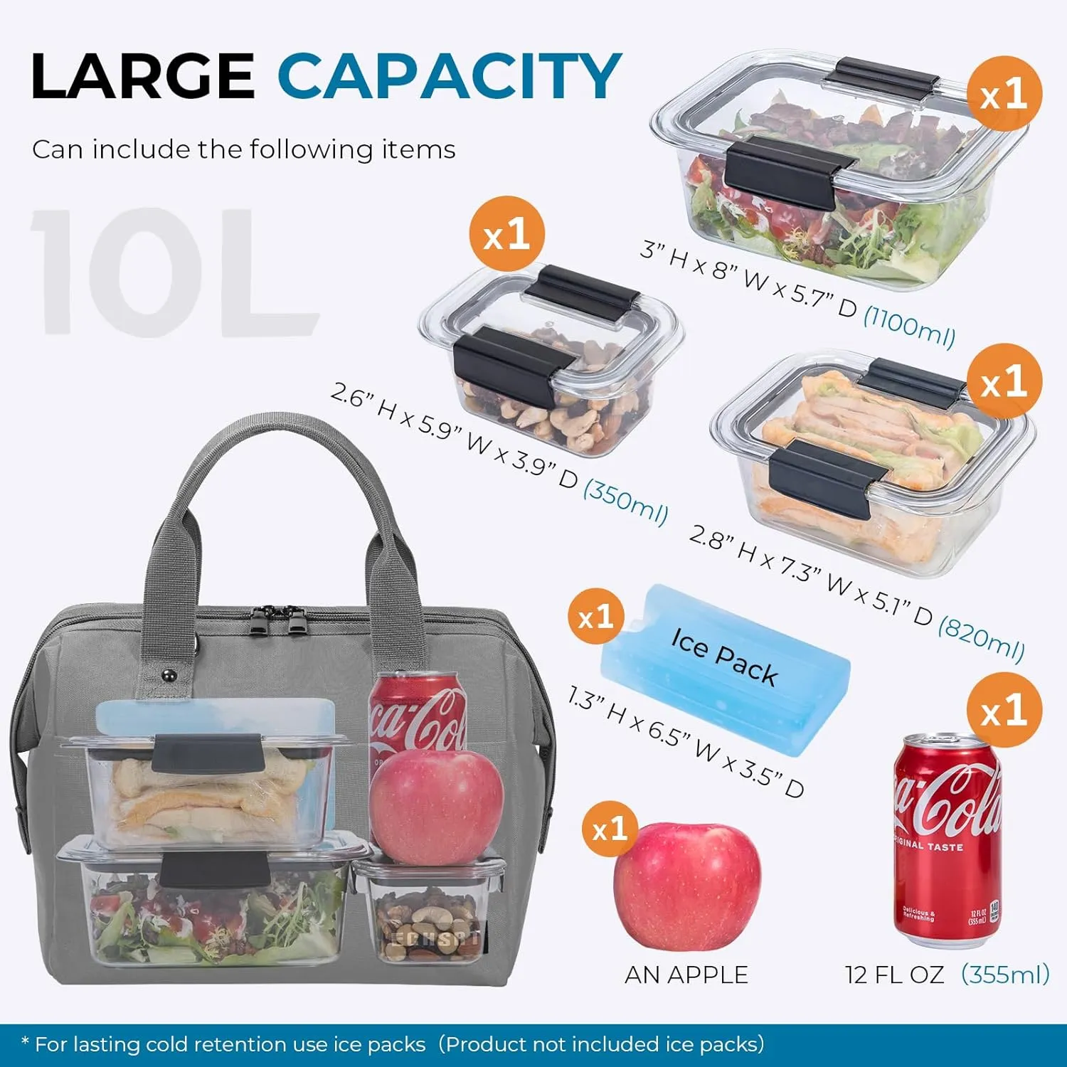 ECHSRT Insulated Lunch Bag Women/Men, 10L Reusable Lunch Tote Bag with Adjustable Shoulder Strap, Leakproof Cooler for Work Office - Wide Open Lunchbox Yellow Grey