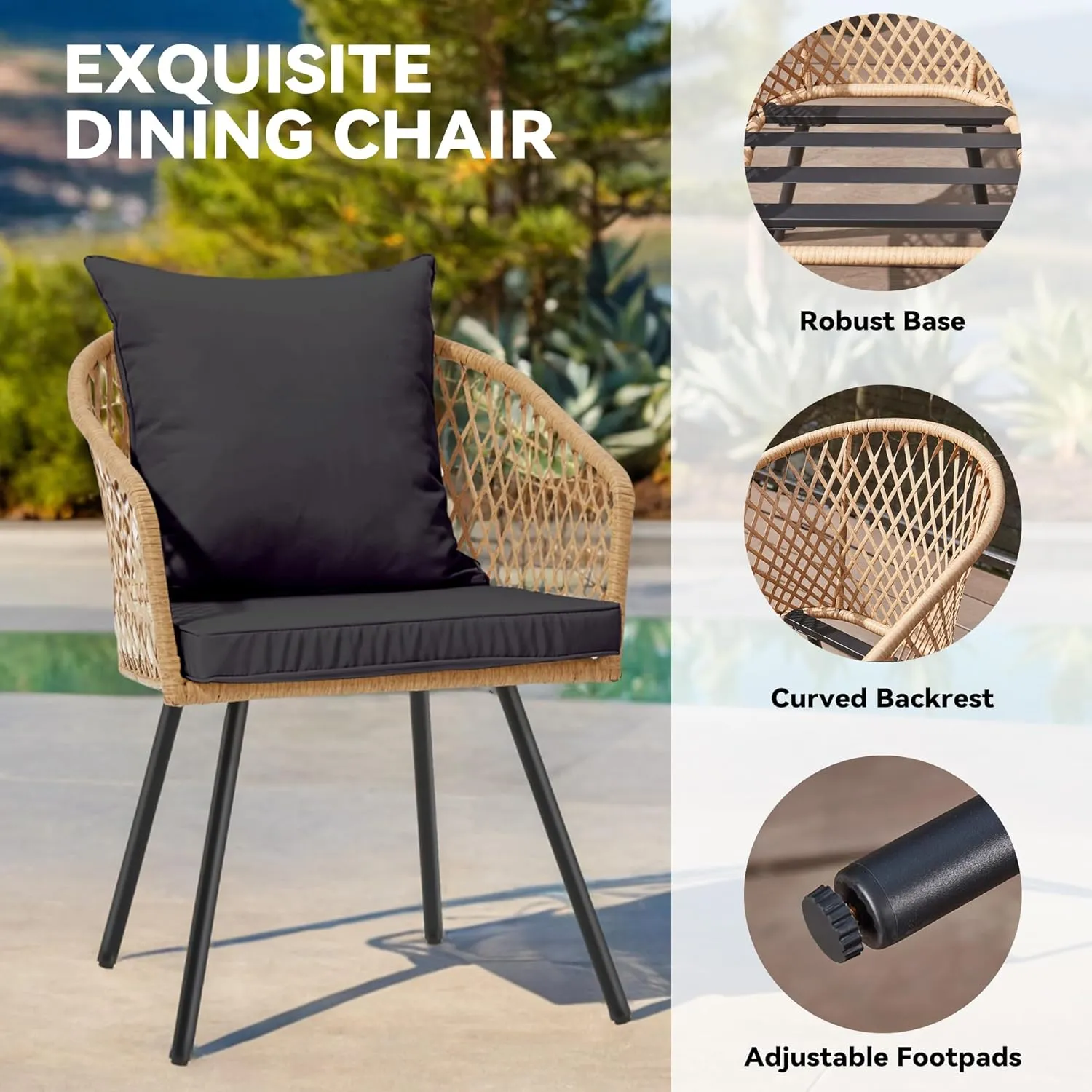 ECOTOUGE All-Weather Patio Dining Chairs, w/Cushions & Armrests, Modern Outdoor Seating for Garden, Poolside, Balcony, Indoor Use (Set of 2, Beige&Black)
