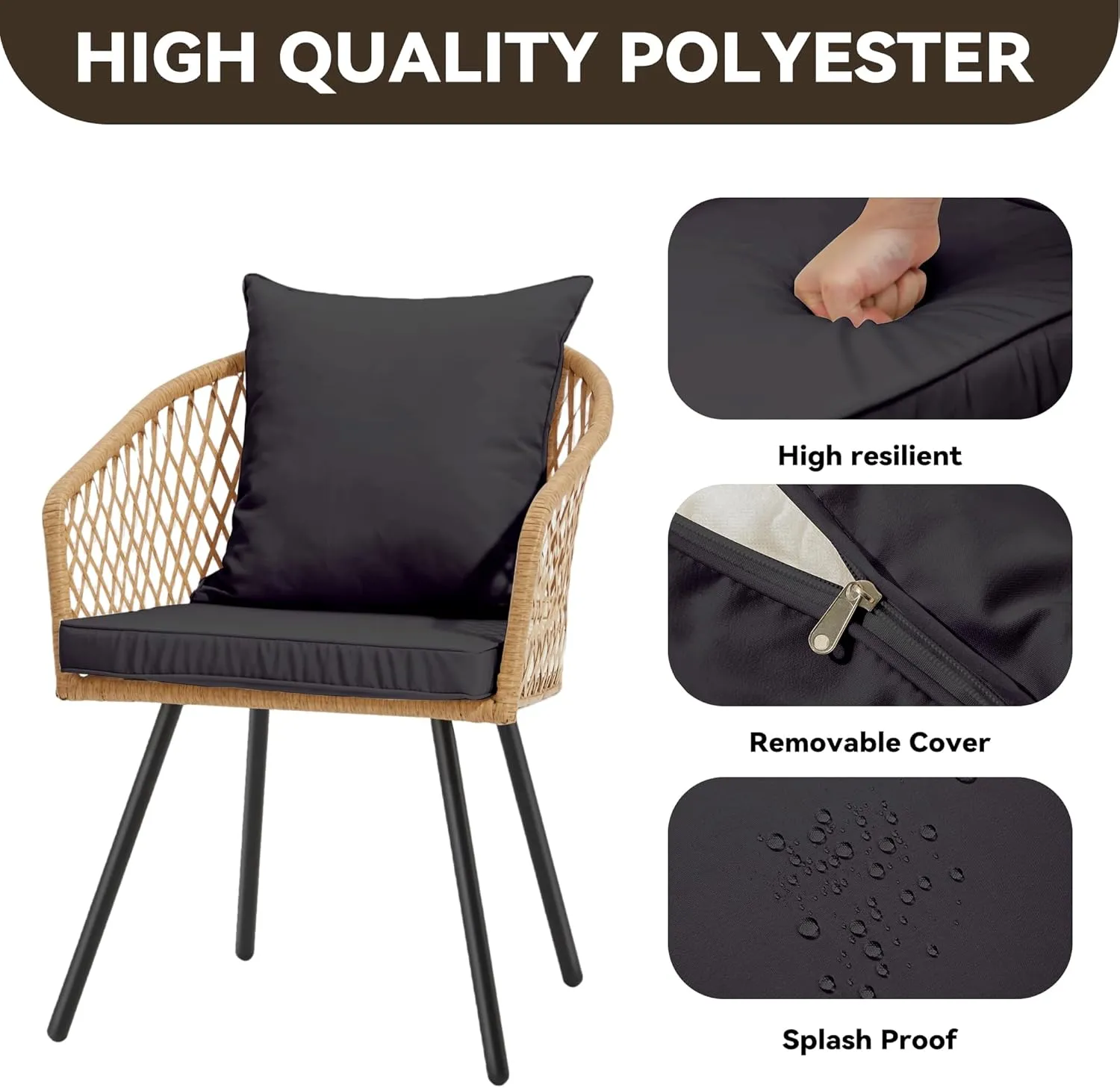 ECOTOUGE All-Weather Patio Dining Chairs, w/Cushions & Armrests, Modern Outdoor Seating for Garden, Poolside, Balcony, Indoor Use (Set of 2, Beige&Black)