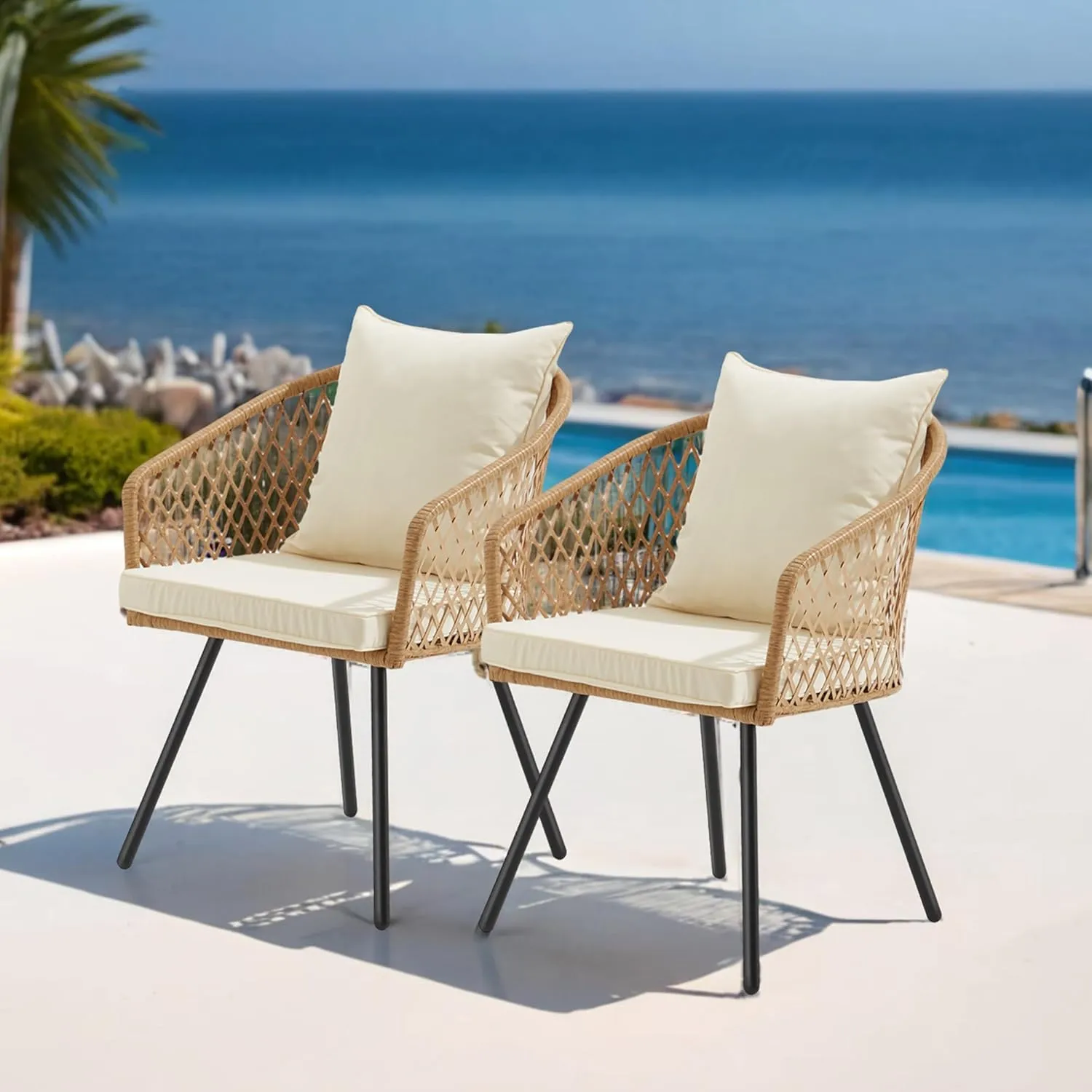 ECOTOUGE All-Weather Patio Dining Chairs, w/Cushions & Armrests, Modern Outdoor Seating for Garden, Poolside, Balcony, Indoor Use (Set of 2, Beige&White)