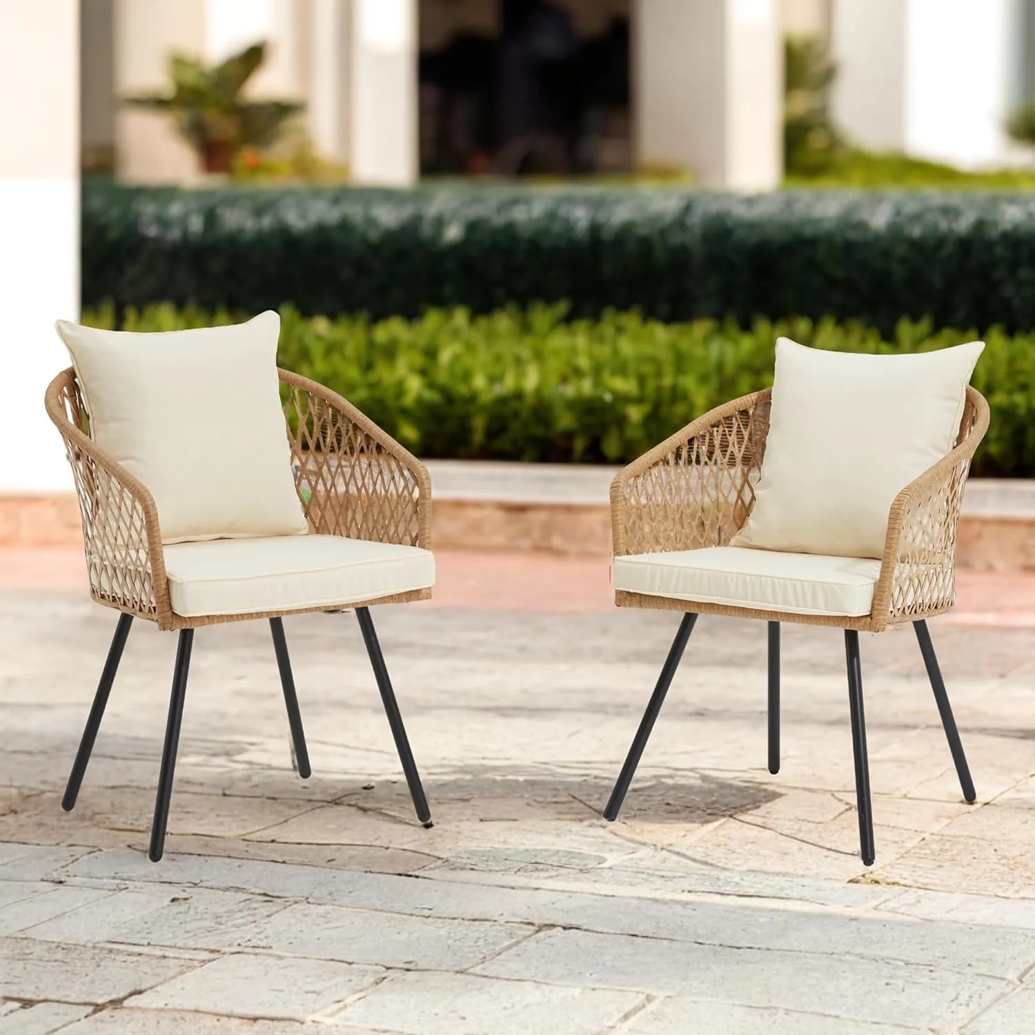 ECOTOUGE All-Weather Patio Dining Chairs, w/Cushions & Armrests, Modern Outdoor Seating for Garden, Poolside, Balcony, Indoor Use (Set of 2, Beige&White)