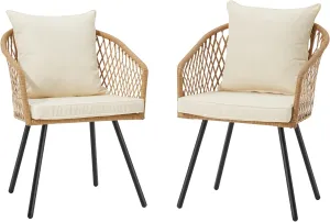 ECOTOUGE All-Weather Patio Dining Chairs, w/Cushions & Armrests, Modern Outdoor Seating for Garden, Poolside, Balcony, Indoor Use (Set of 2, Beige&White)