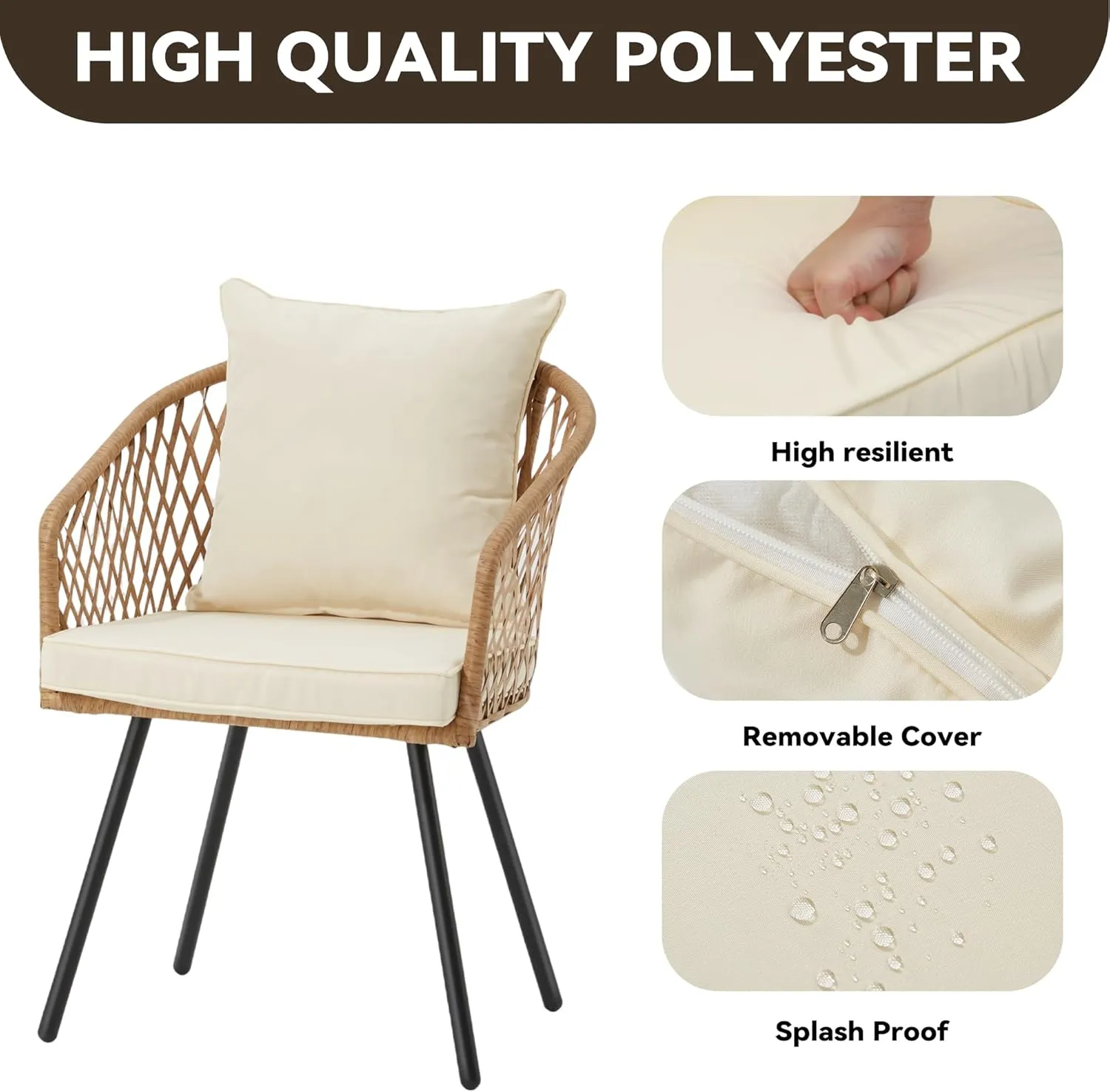 ECOTOUGE All-Weather Patio Dining Chairs, w/Cushions & Armrests, Modern Outdoor Seating for Garden, Poolside, Balcony, Indoor Use (Set of 2, Beige&White)
