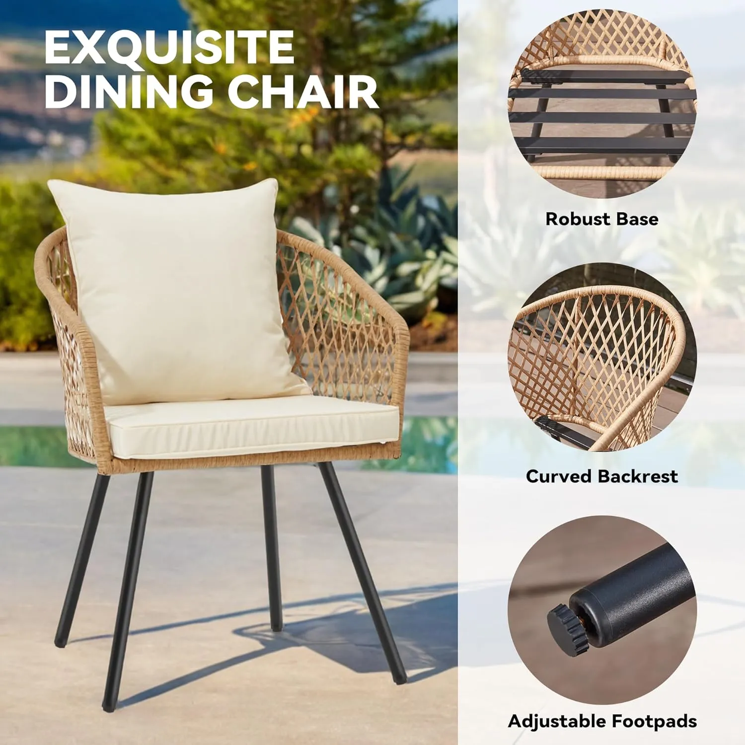 ECOTOUGE All-Weather Patio Dining Chairs, w/Cushions & Armrests, Modern Outdoor Seating for Garden, Poolside, Balcony, Indoor Use (Set of 2, Beige&White)