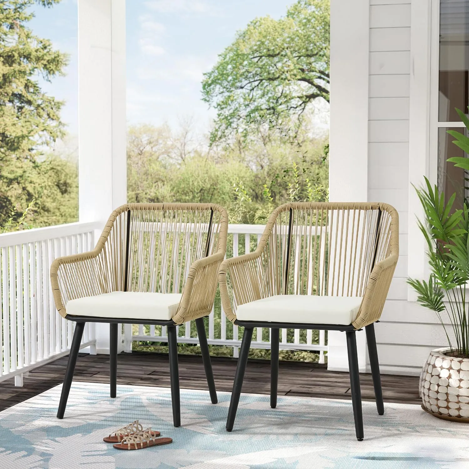ECOTOUGE All-Weather Patio Dining Chairs, w/Cushions & Armrests, Modern Outdoor Seating for Garden, Poolside, Balcony, Indoor Use (Set of 4, White)