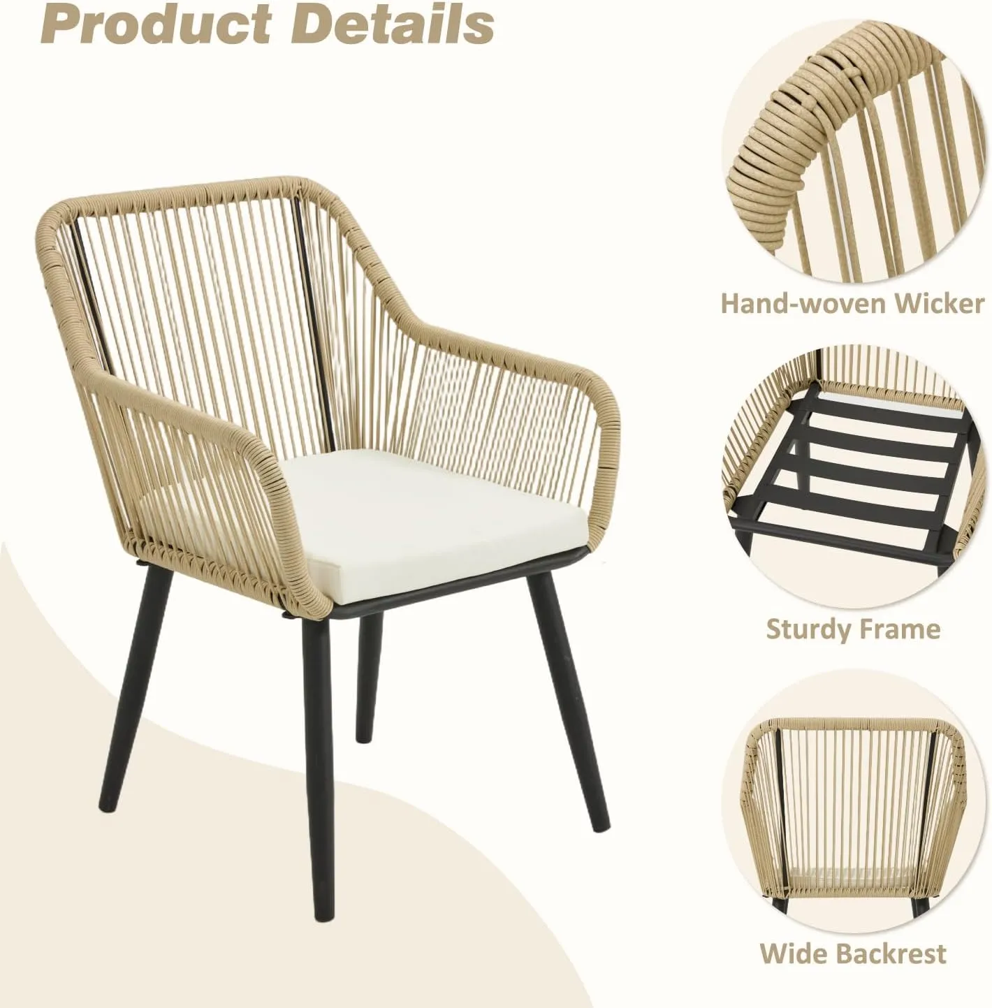 ECOTOUGE All-Weather Patio Dining Chairs, w/Cushions & Armrests, Modern Outdoor Seating for Garden, Poolside, Balcony, Indoor Use (Set of 4, White)