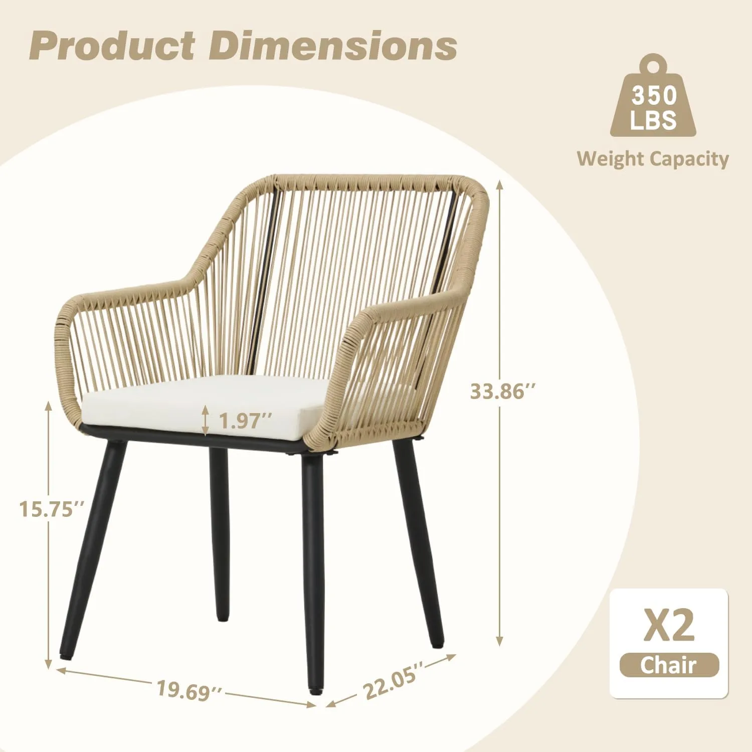 ECOTOUGE All-Weather Patio Dining Chairs, w/Cushions & Armrests, Modern Outdoor Seating for Garden, Poolside, Balcony, Indoor Use (Set of 4, White)