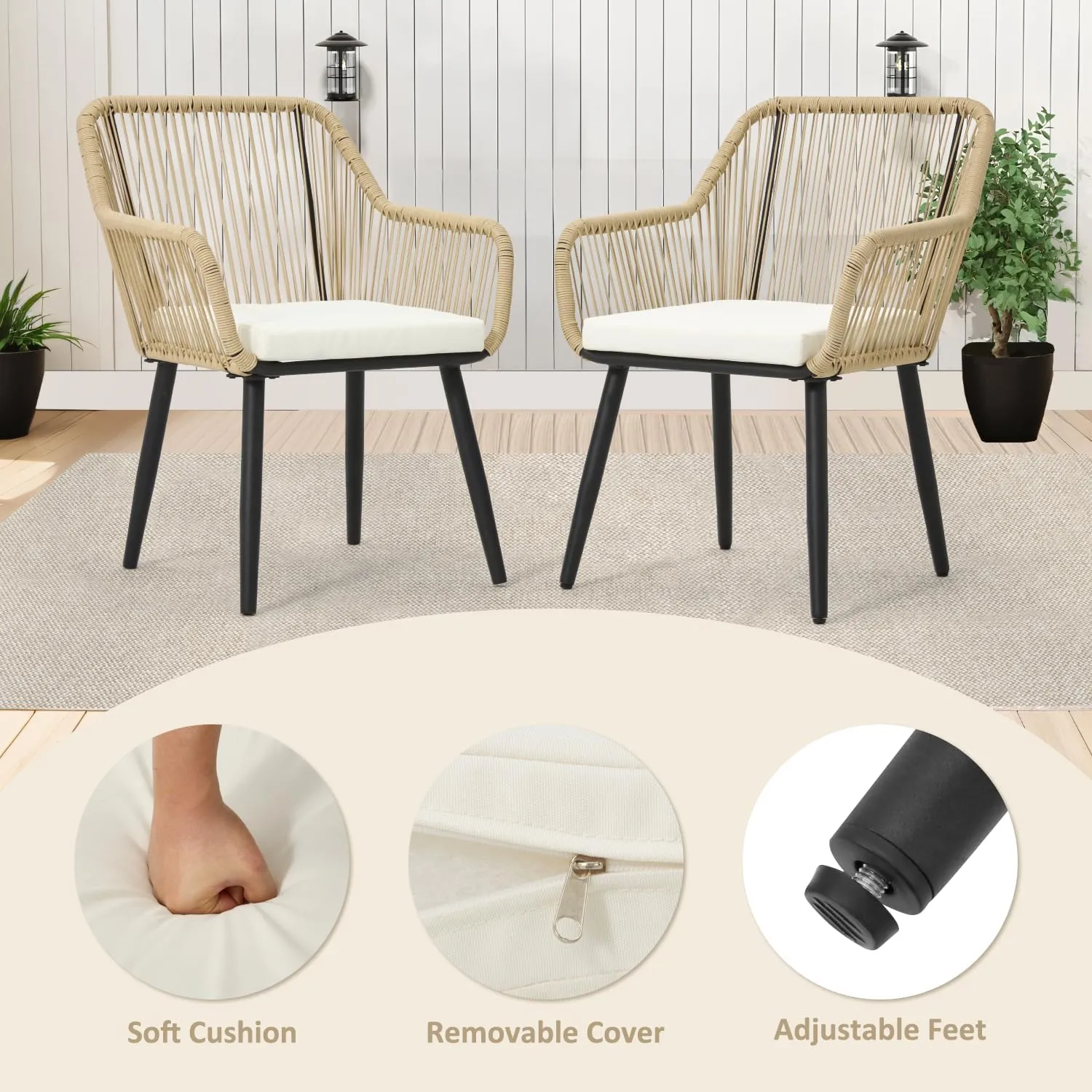 ECOTOUGE All-Weather Patio Dining Chairs, w/Cushions & Armrests, Modern Outdoor Seating for Garden, Poolside, Balcony, Indoor Use (Set of 4, White)