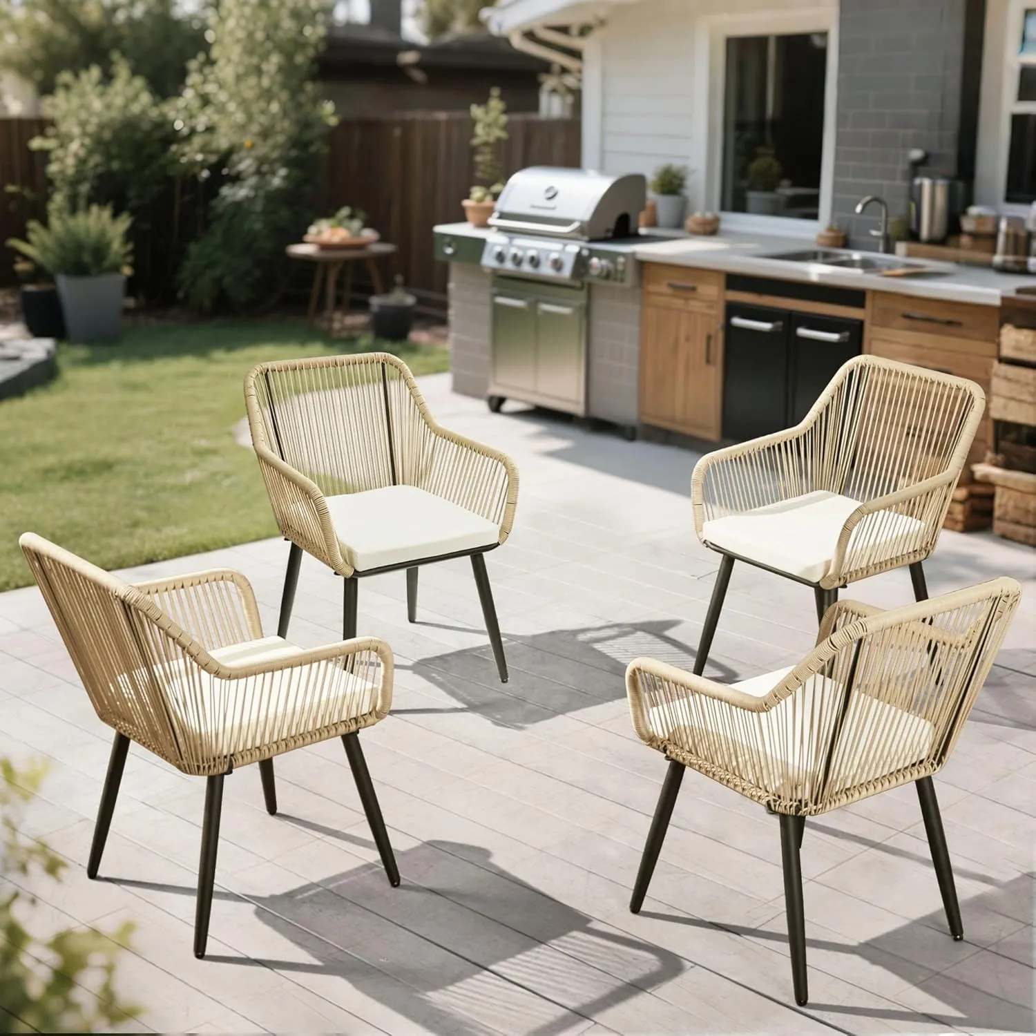 ECOTOUGE All-Weather Patio Dining Chairs, w/Cushions & Armrests, Modern Outdoor Seating for Garden, Poolside, Balcony, Indoor Use (Set of 4, White)
