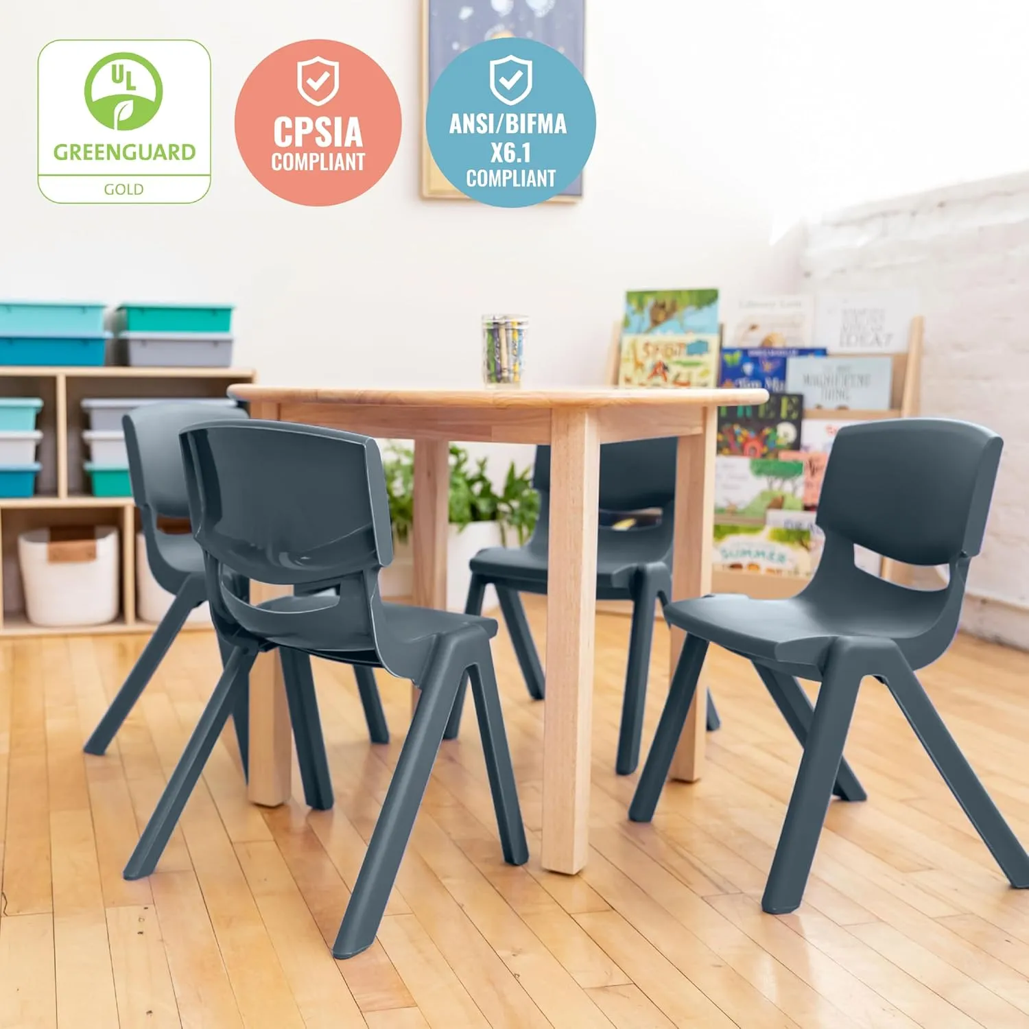 ECR4Kids 12in Plastic School Stack Chair, Classroom Furniture, Grey, 4-Pack