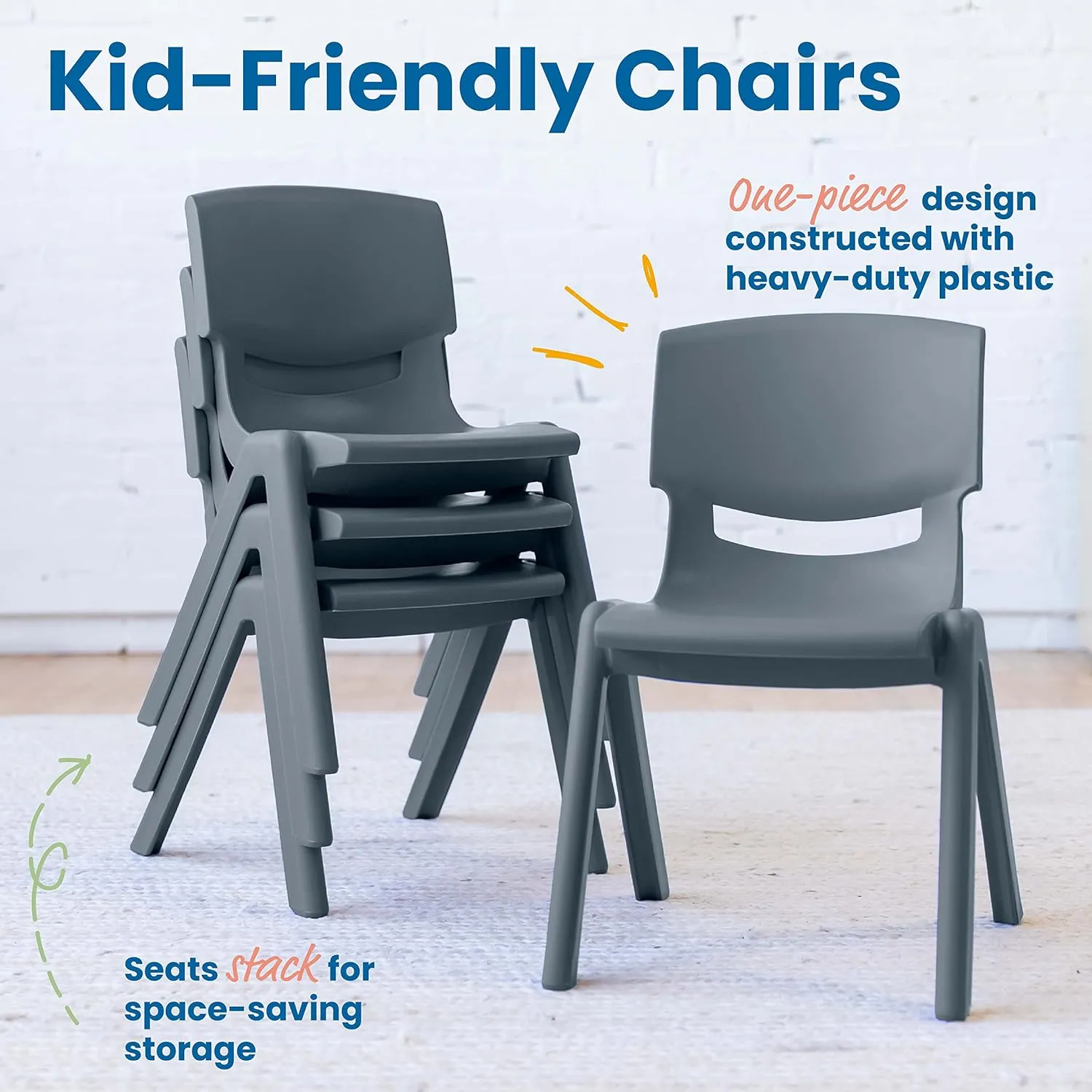 ECR4Kids 12in Plastic School Stack Chair, Classroom Furniture, Grey, 4-Pack