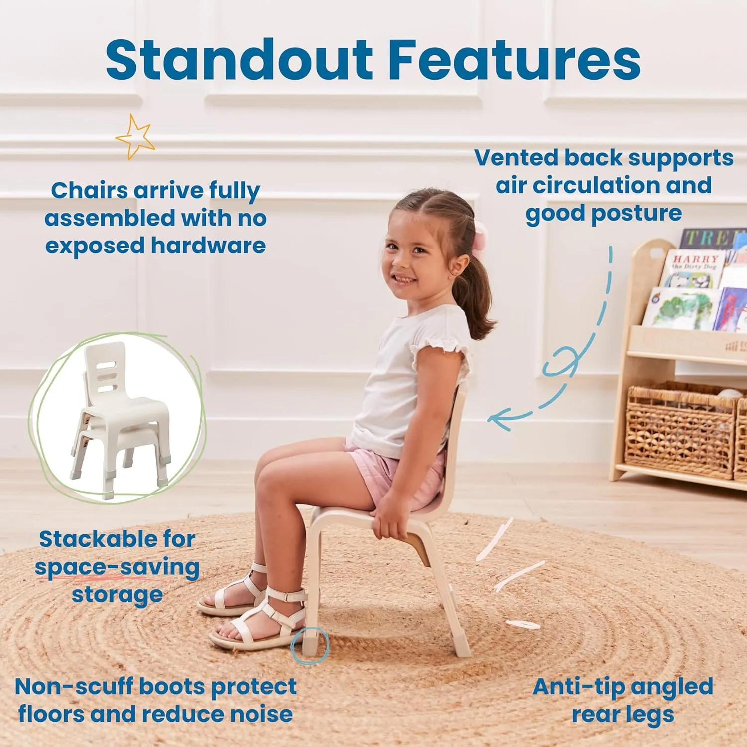 ECR4Kids Bentwood Chair, 10in Seat Height, Stackable Seats, White Wash, 2-Pack