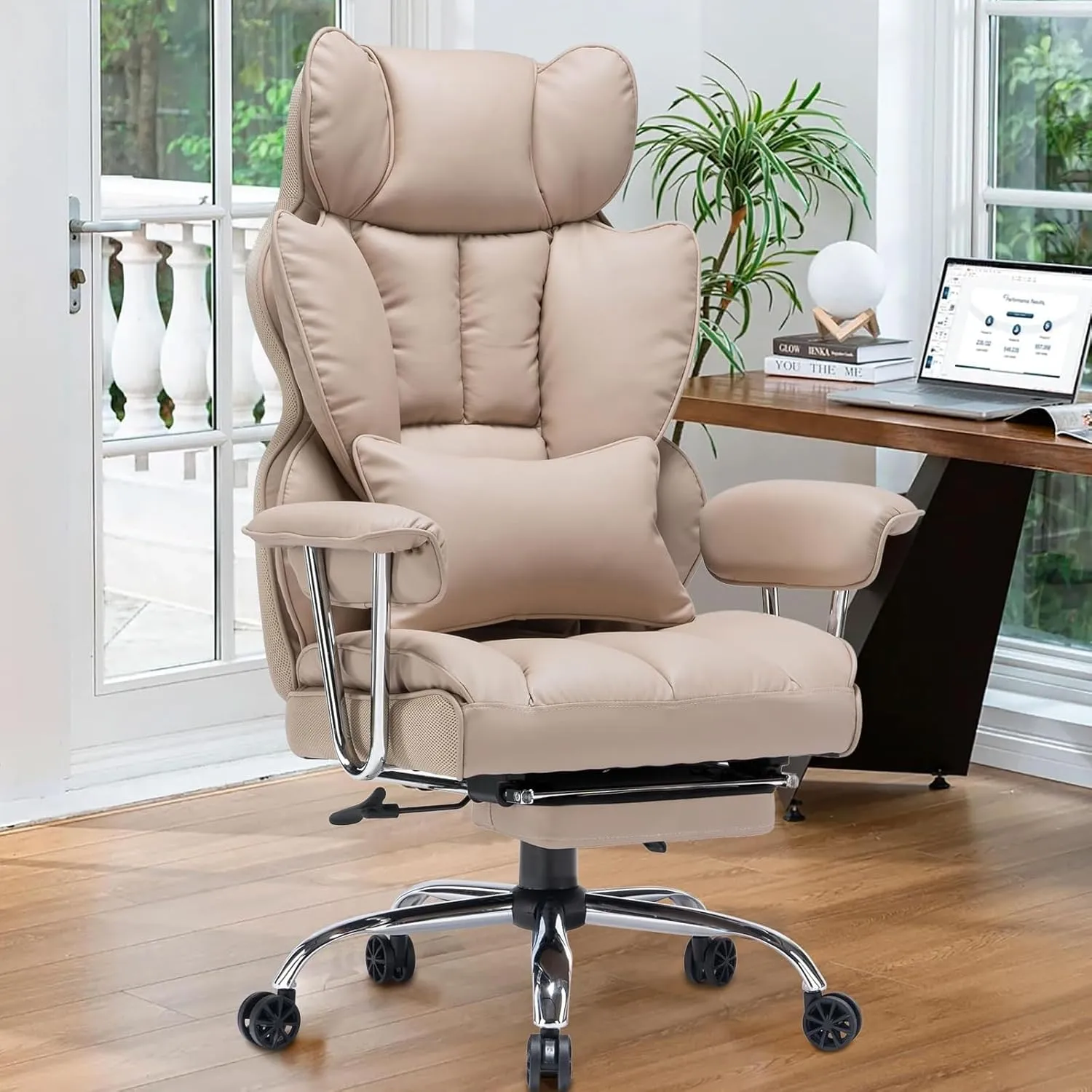 Efomao Big and Tall Office Chair 400lbs – PU Leather Executive Office Chair with Lumbar Support & Leg Rest, Heavy-Duty Computer Chair for Home Office, Dark Beige by boahaus