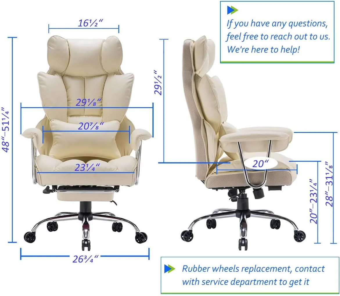 Efomao Desk Office Chair 400LBS, Big and Tall Office Chair, PU Leather Computer Chair, Executive Office Chair with Leg Rest and Lumbar Support, Beige Office Chair