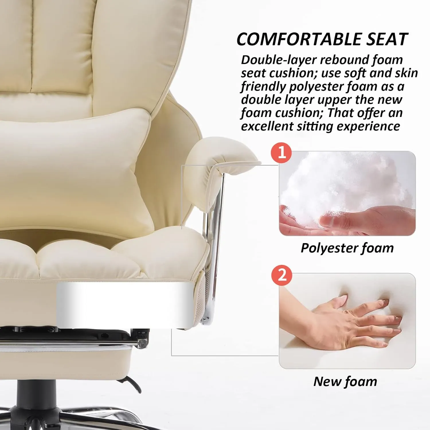Efomao Desk Office Chair 400LBS, Big and Tall Office Chair, PU Leather Computer Chair, Executive Office Chair with Leg Rest and Lumbar Support, Beige Office Chair