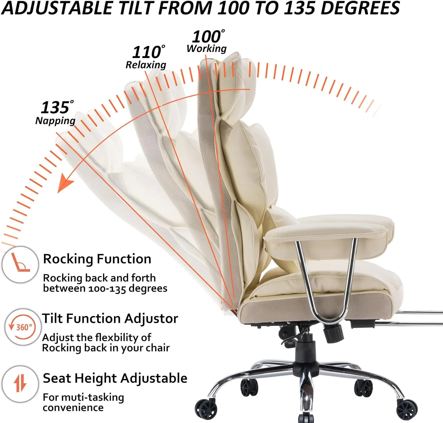 Efomao Desk Office Chair 400LBS, Big and Tall Office Chair, PU Leather Computer Chair, Executive Office Chair with Leg Rest and Lumbar Support, Beige Office Chair