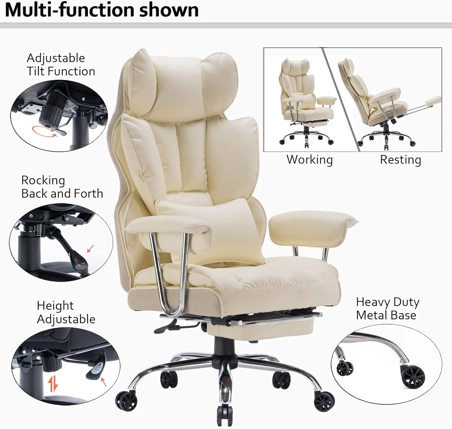 Efomao Desk Office Chair 400LBS, Big and Tall Office Chair, PU Leather Computer Chair, Executive Office Chair with Leg Rest and Lumbar Support, Beige Office Chair